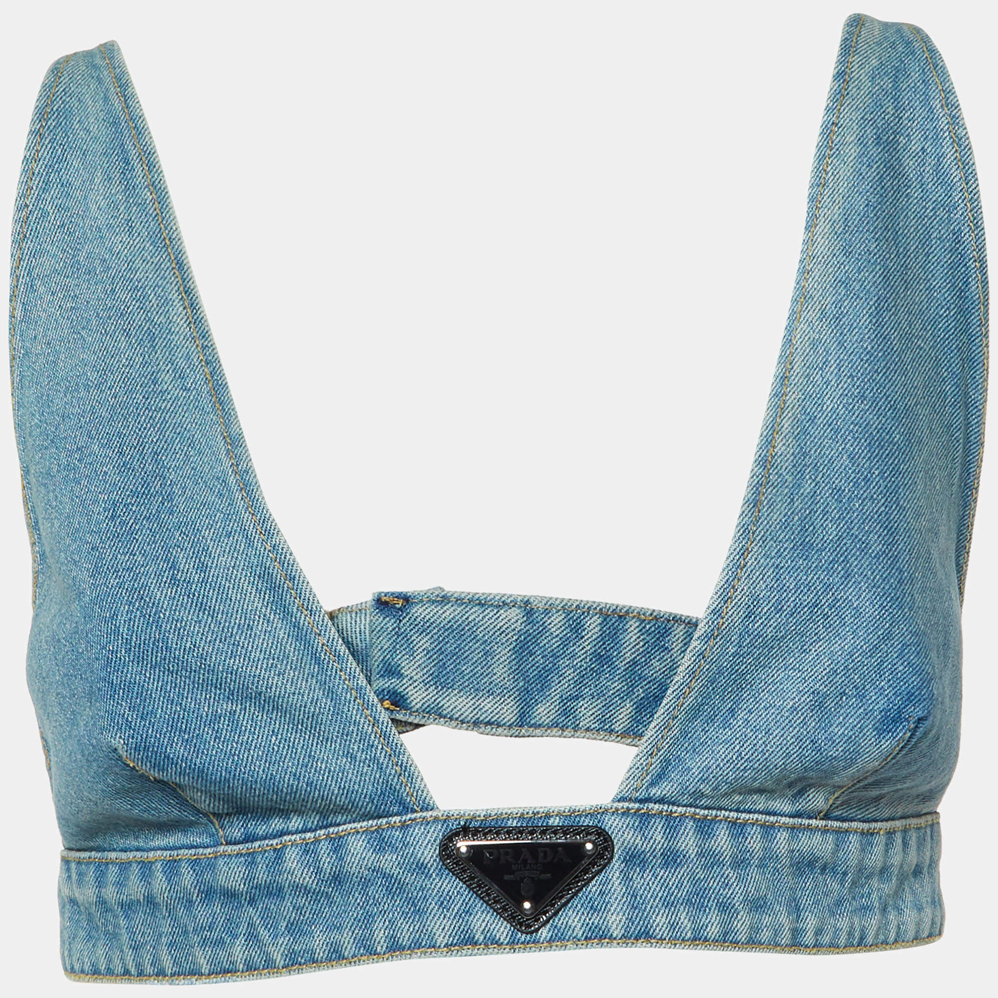 Prada Blue Denim Triangle Patterned Bralette Top S 