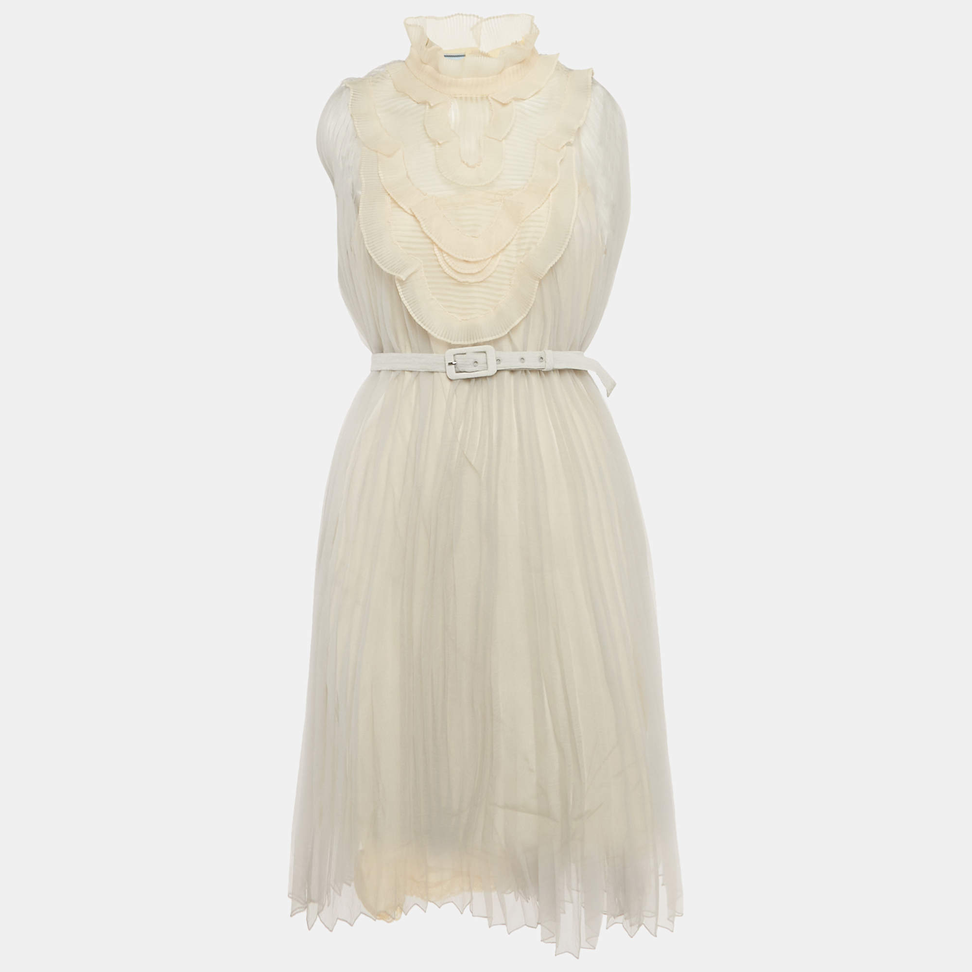 مملوكة مسبقًا Prada Light Grey Plisse Organza Jabot Detail Dress M