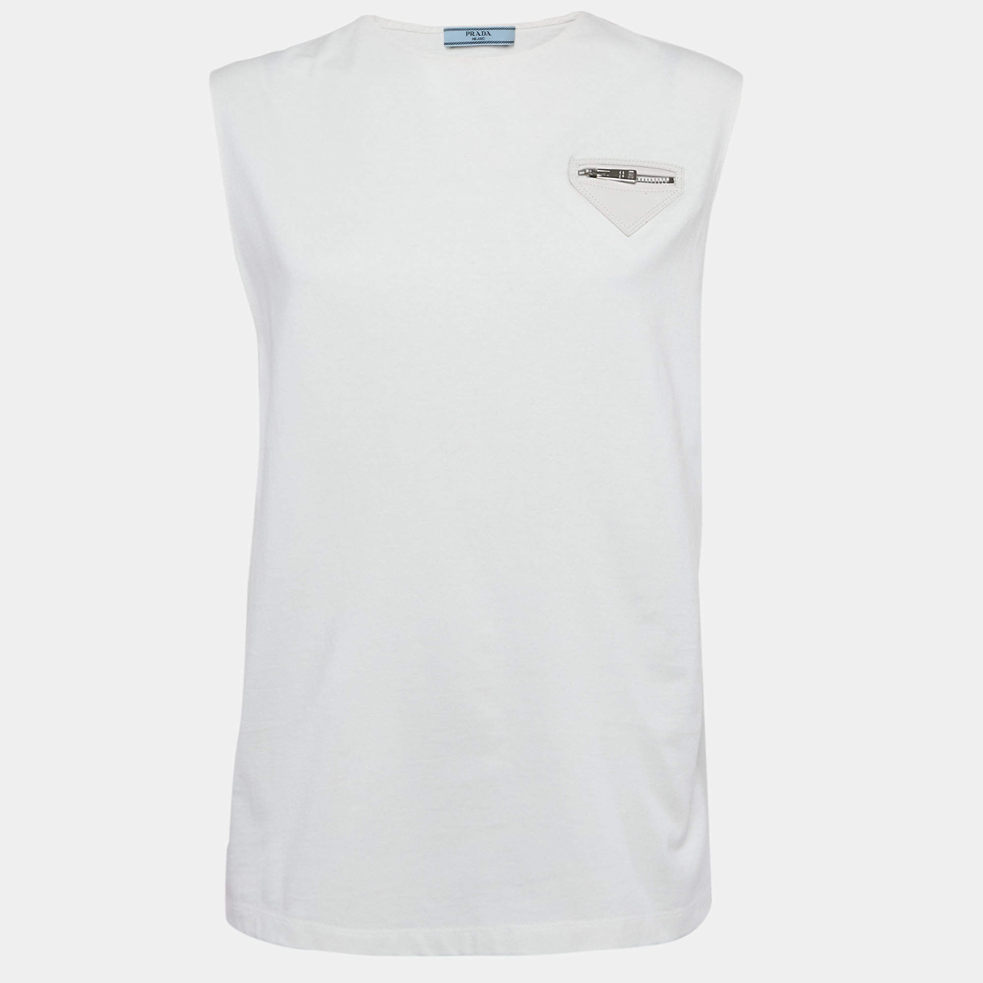 Pre Owned Prada White Cotton Knit Zip Detail Sleeveless Top XS