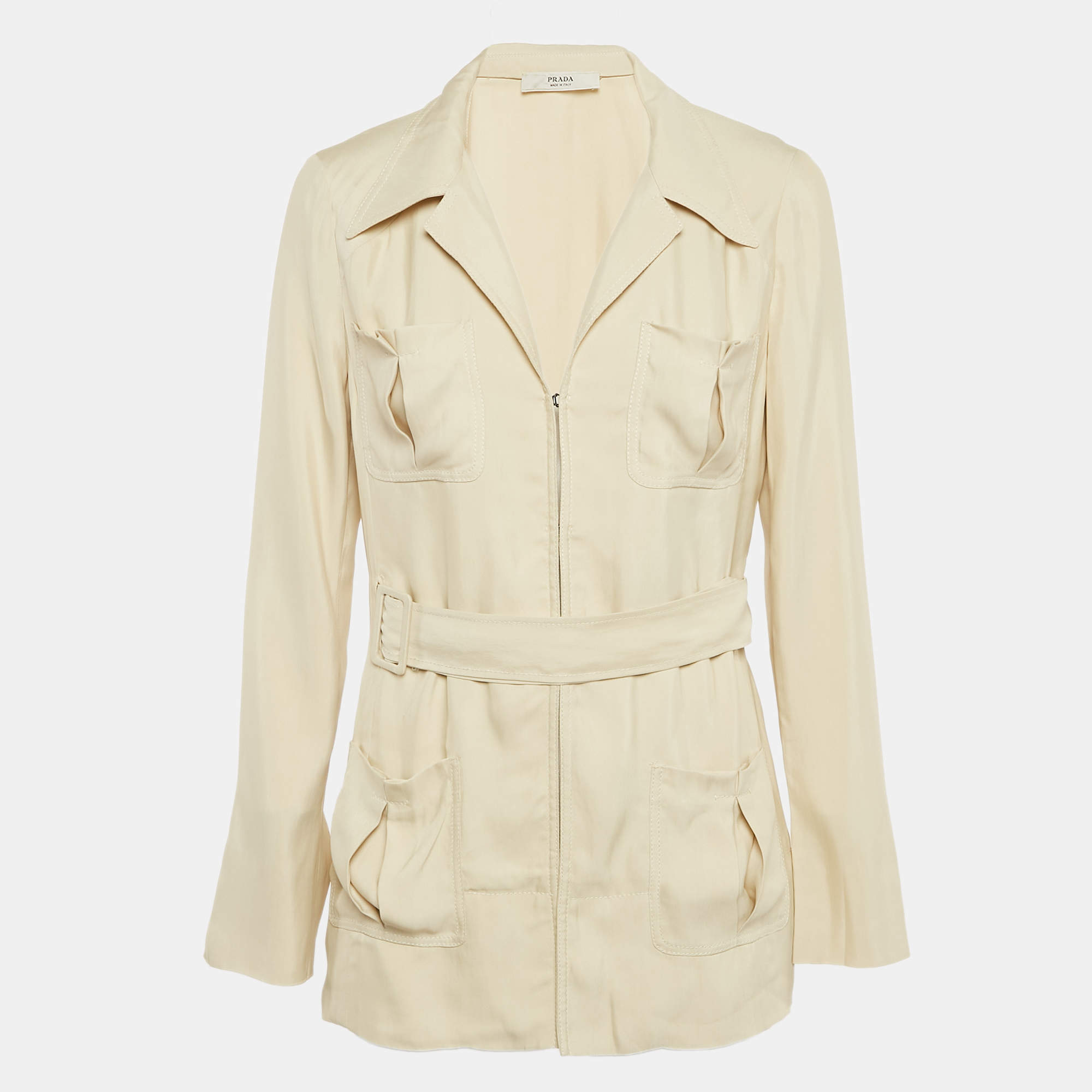Prada Light Beige Gabardine Belted Coat M