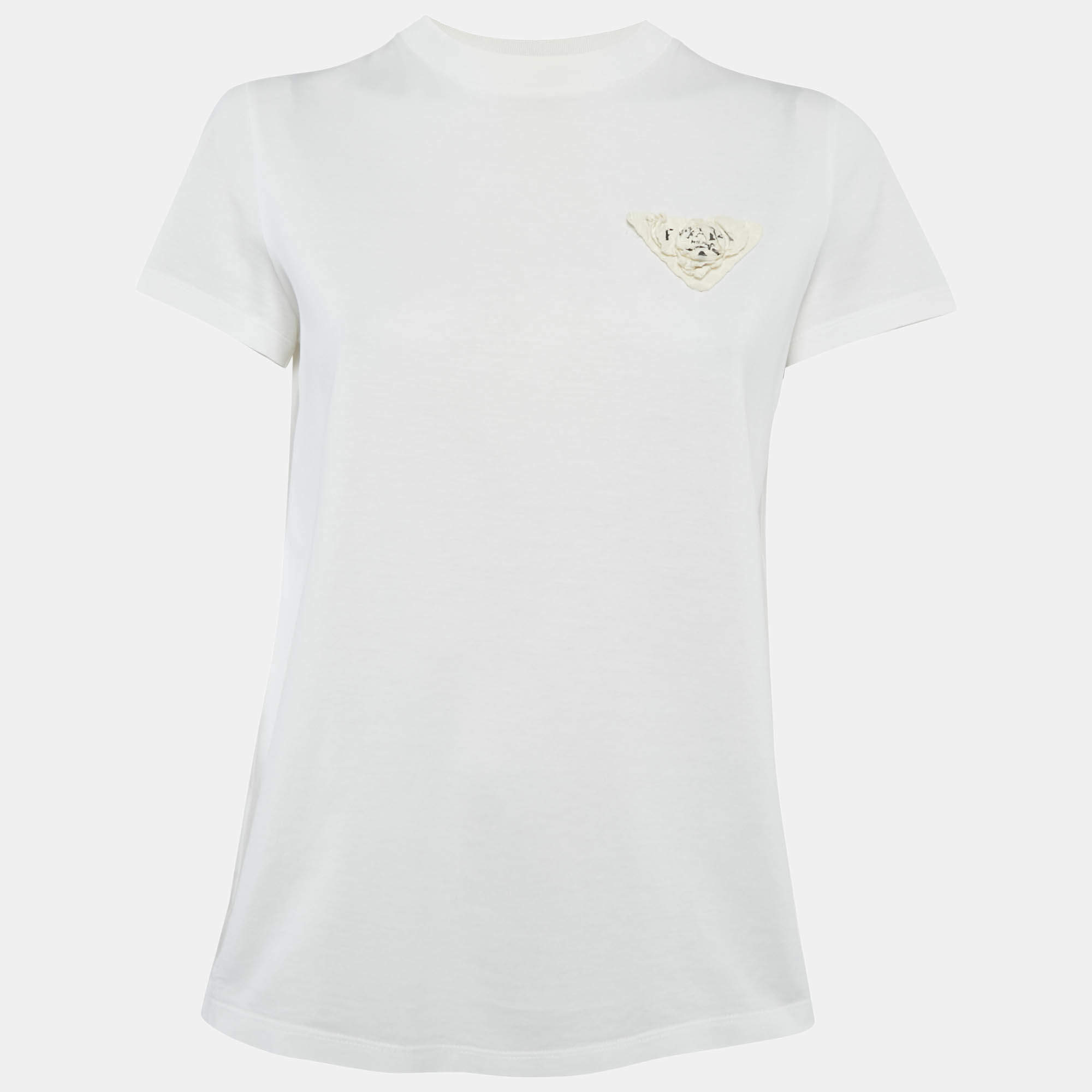 Prada White Cotton Floral Applique T-Shirt M