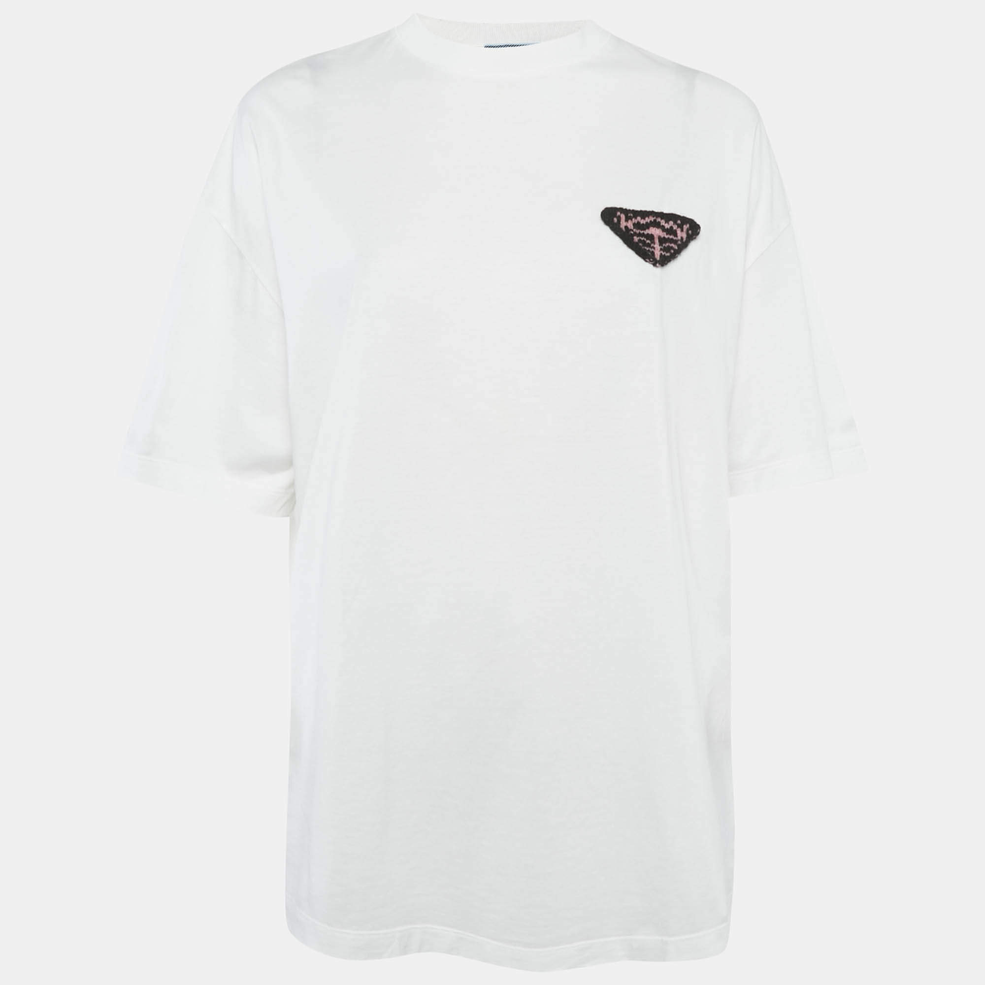 Prada White Logo Patched Detail Cotton Oversized Crew Neck T-Shirt S