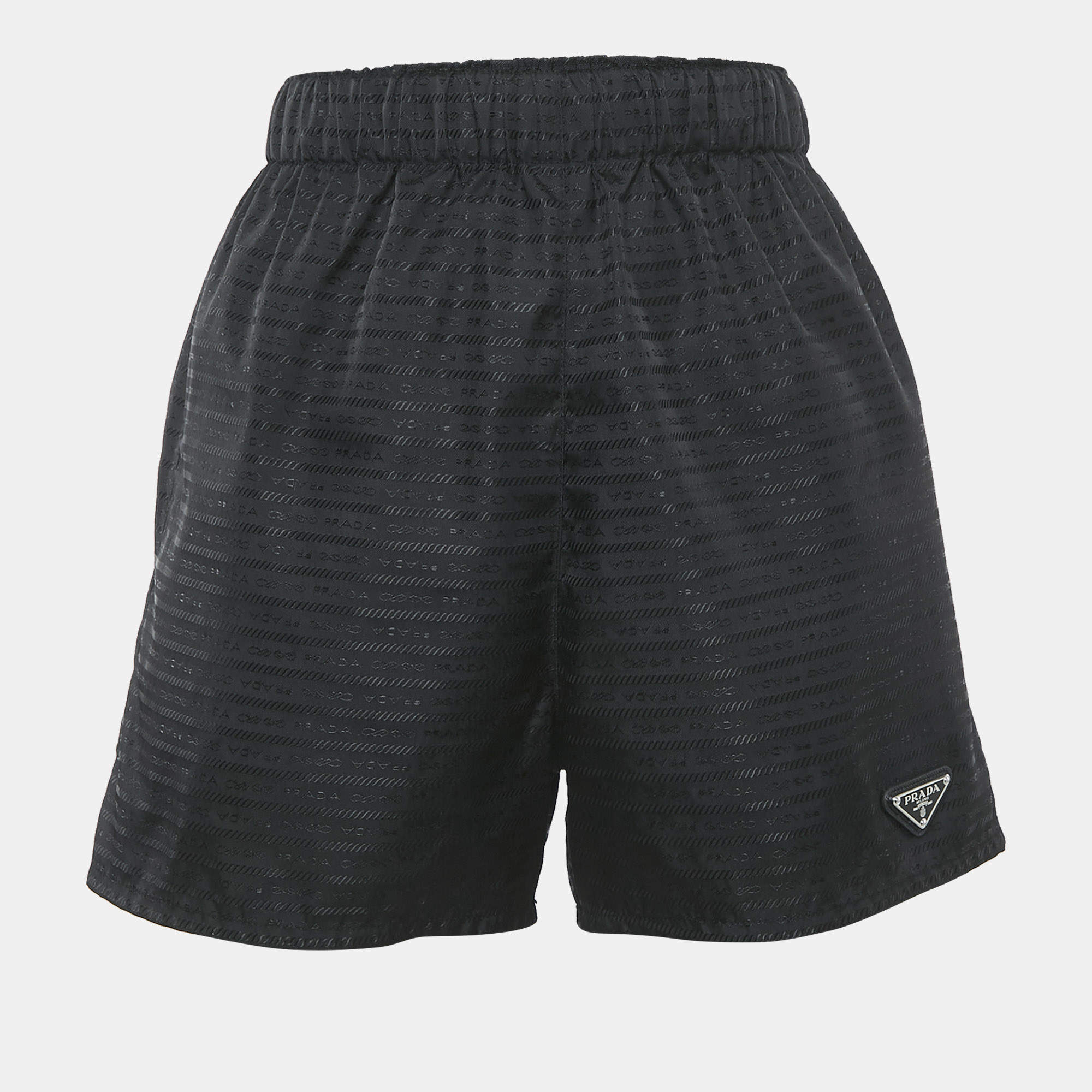 Pre Owned Prada Black Jacquard Nylon Triangle Logo Detail Shorts XS