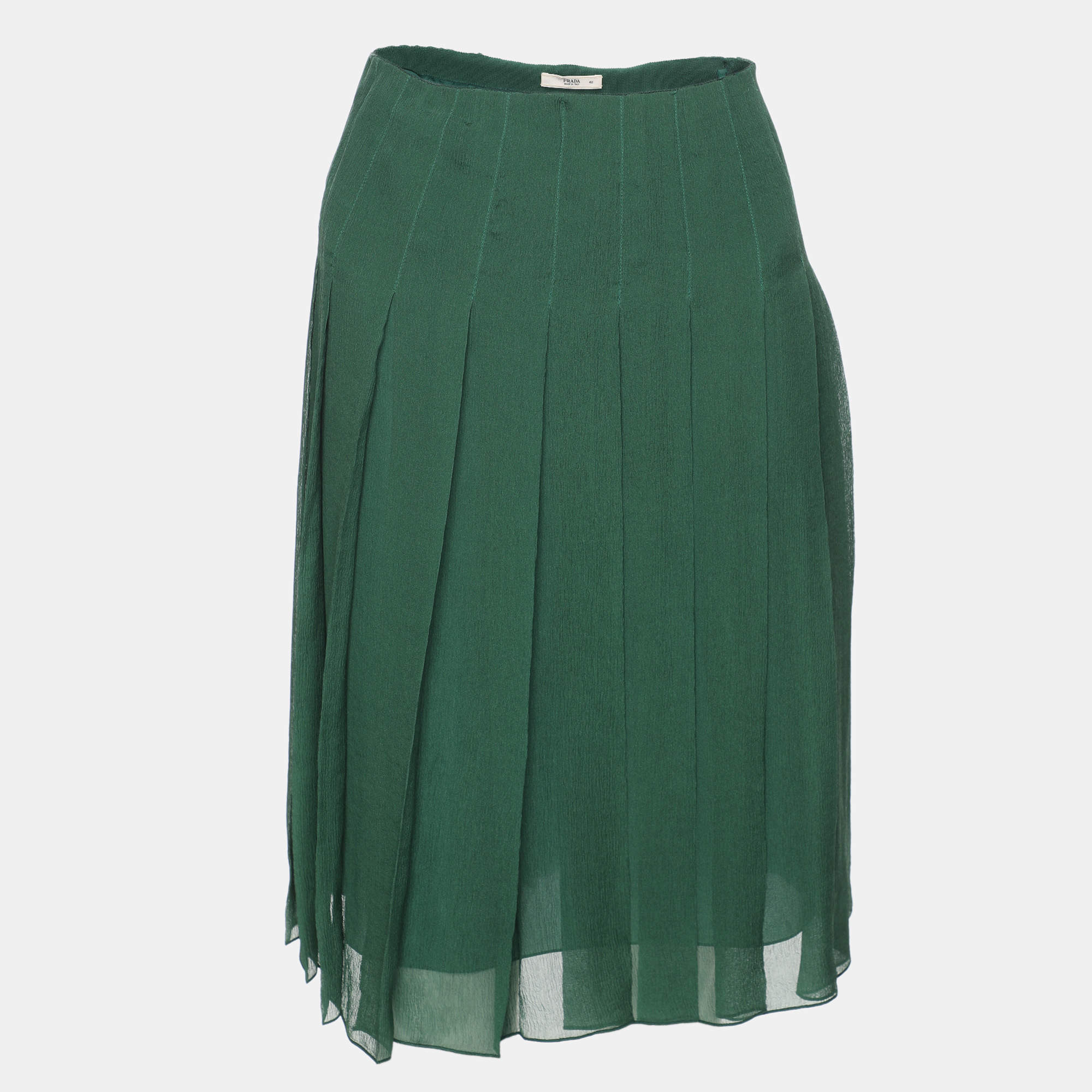 Pre Owned Prada Green Silk Pleated Mini Skirt S