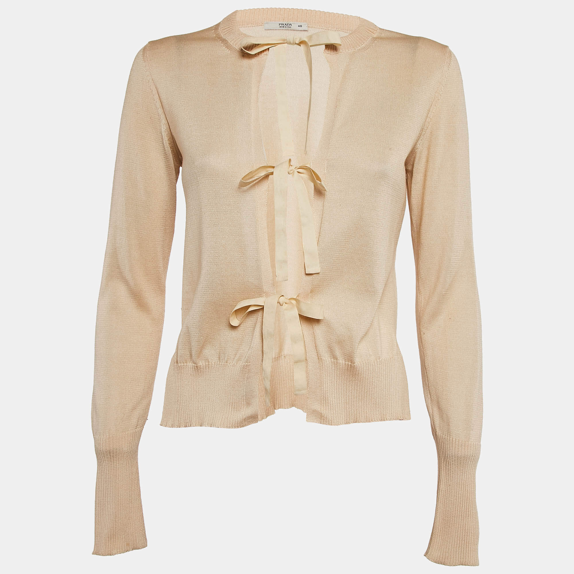 Prada Beige Cotton Knit Tie-Up Cardigan S