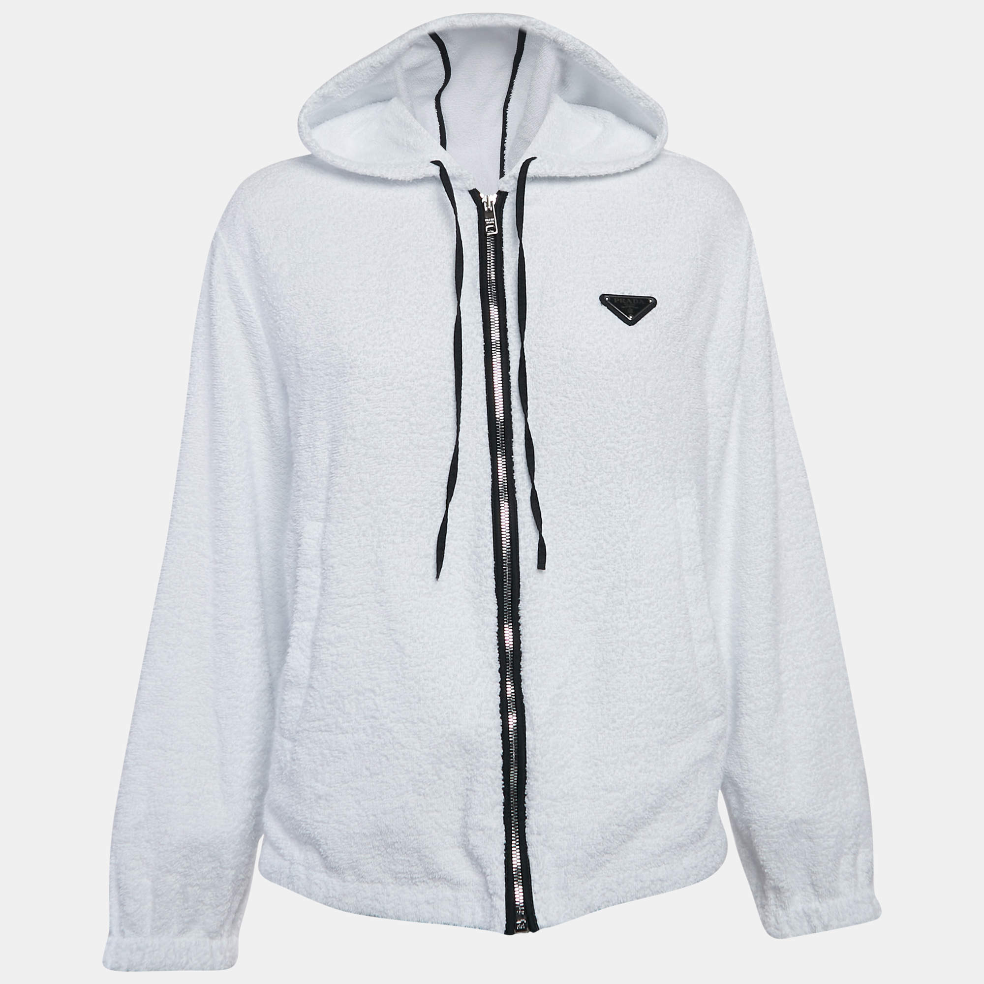Prada White Terry Cotton Triangle Metal Logo Hooded Jacket S