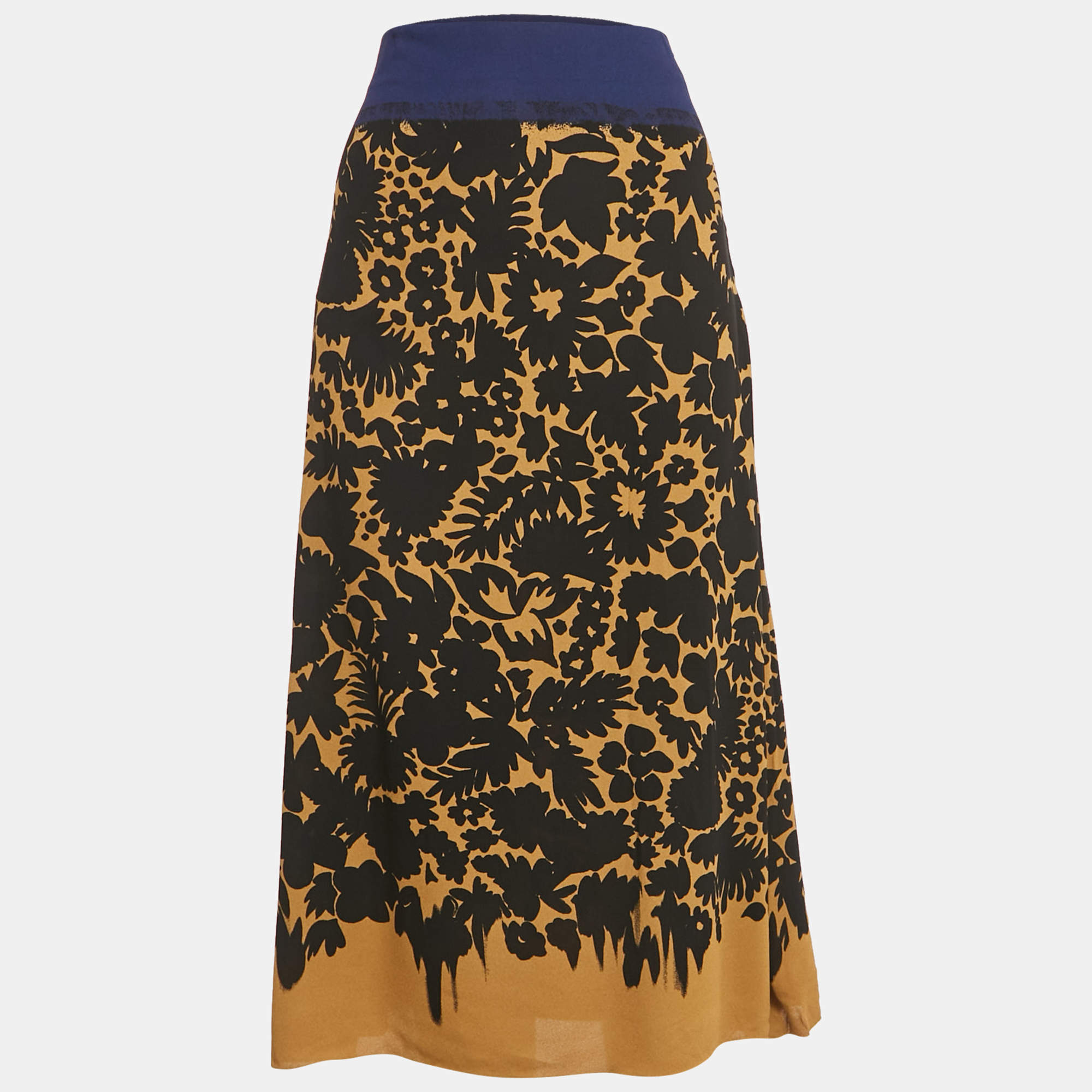 مملوكة مسبقًا تنورة برادا قماش كريب مطبعة زهور صفراء بطول الركبة مقاس متوسط - ميديم