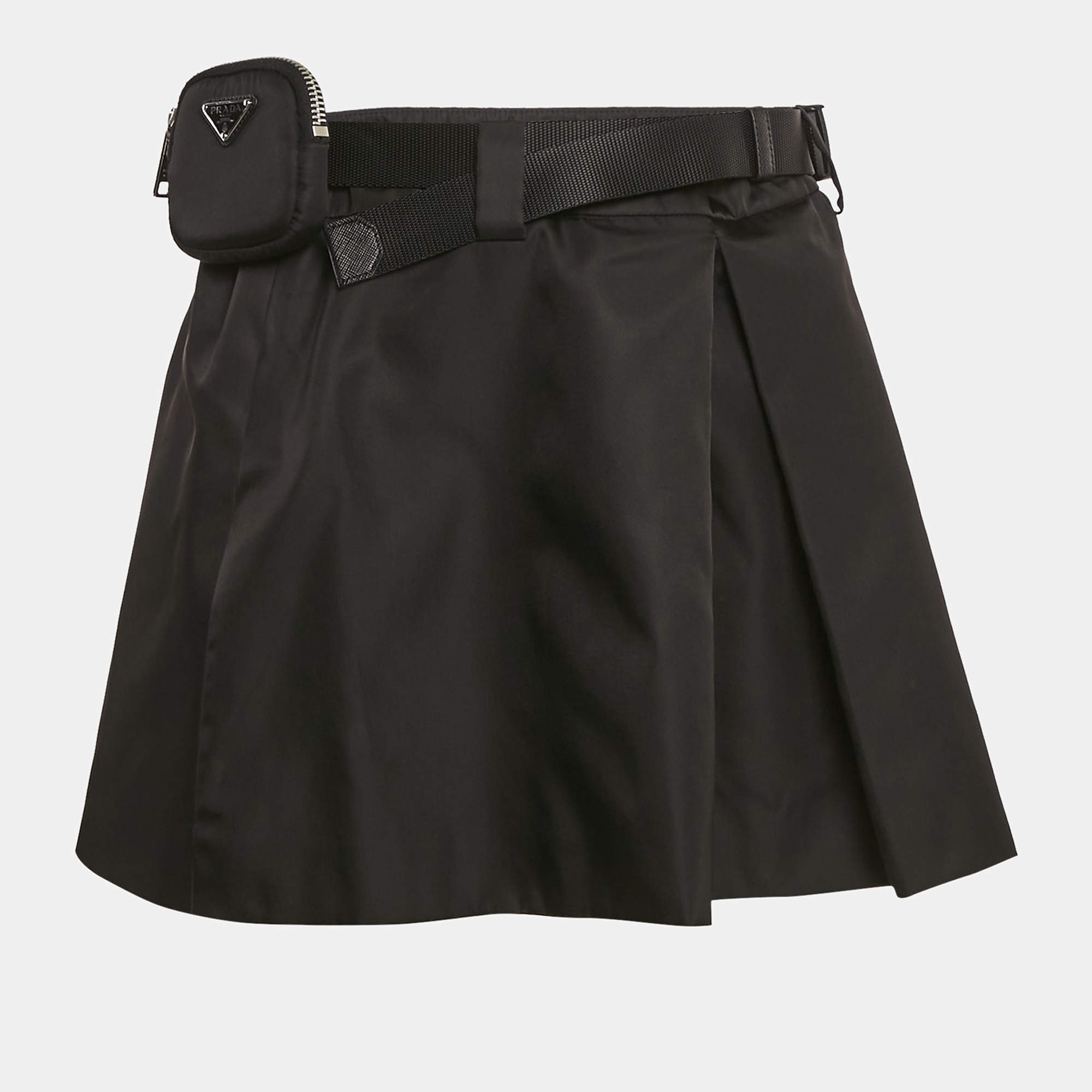 Prada Black Nylon Pouch Belted Mini Skirt M