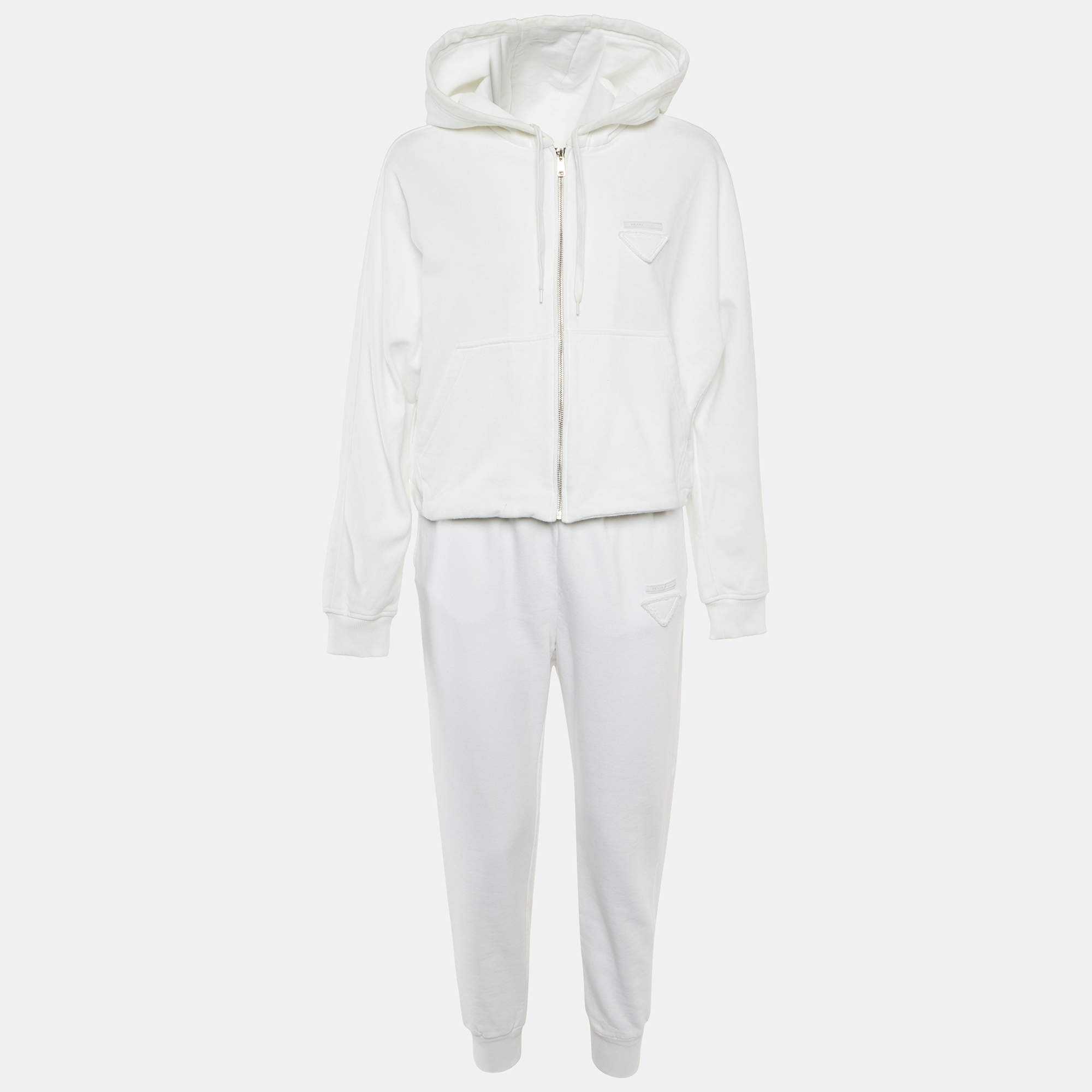 Prada White Cotton Knit Hooded Track Jacket & Pants Set XL