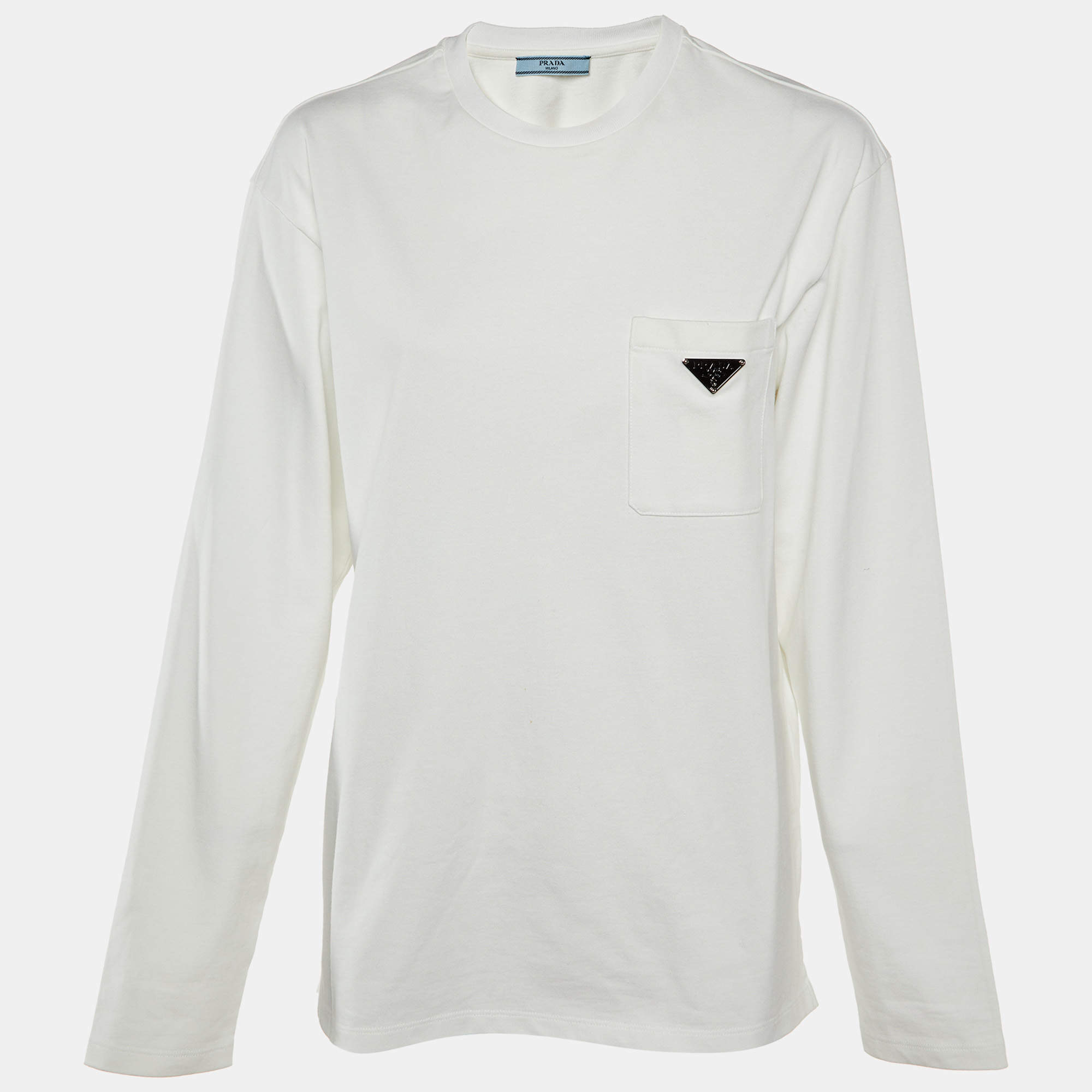 トップス PRADA Triangle Logo Long Sleeve Tee Prada White Cotton Triangle Logo Detail Long Sleeve T-Shirt