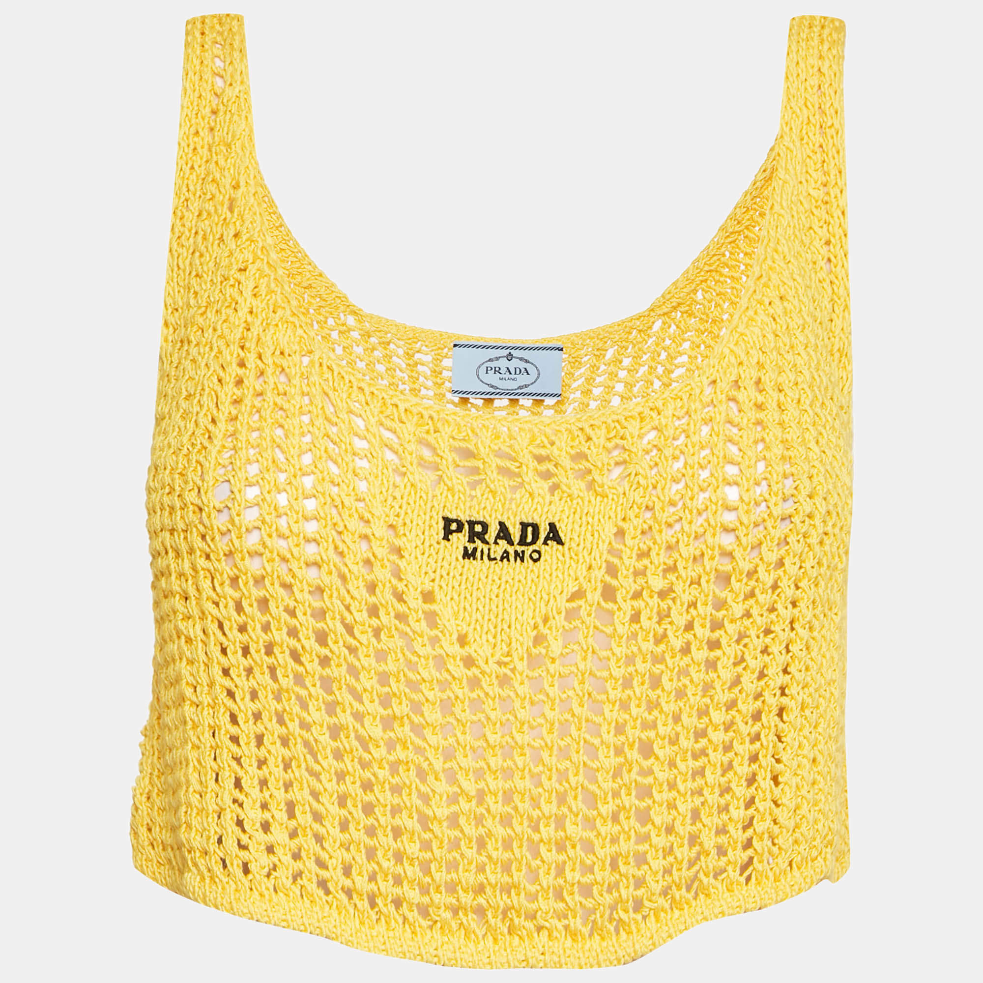 مملوكة مسبقًا Prada Yellow Logo Pattern Crochet Sheer Crop Top S