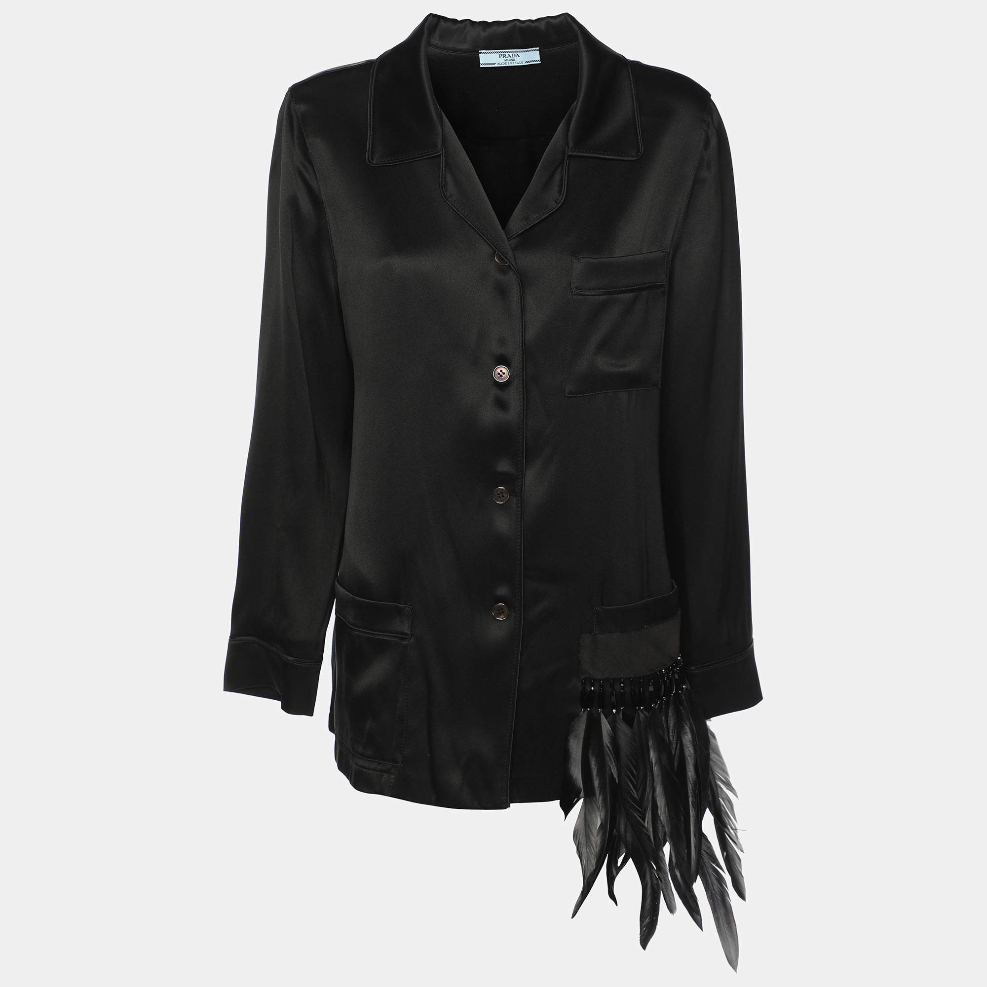 Prada Black Satin Feather-trimmed Long Sleeve Shirt M