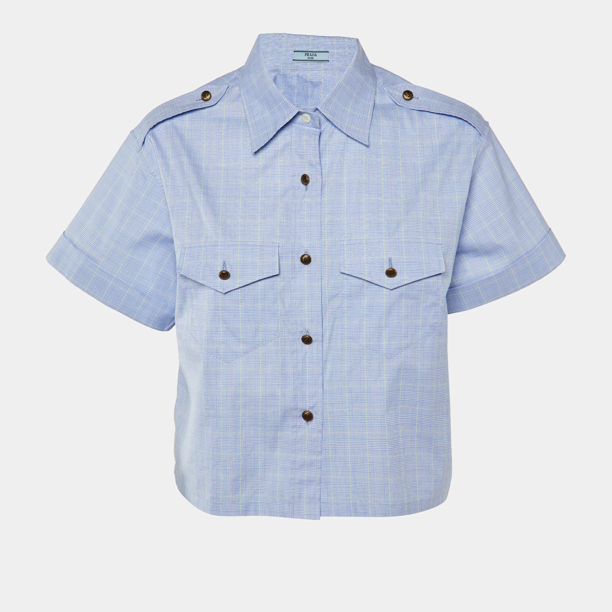 Prada Blue Prince Of Wales  Cotton Crop Shirt M