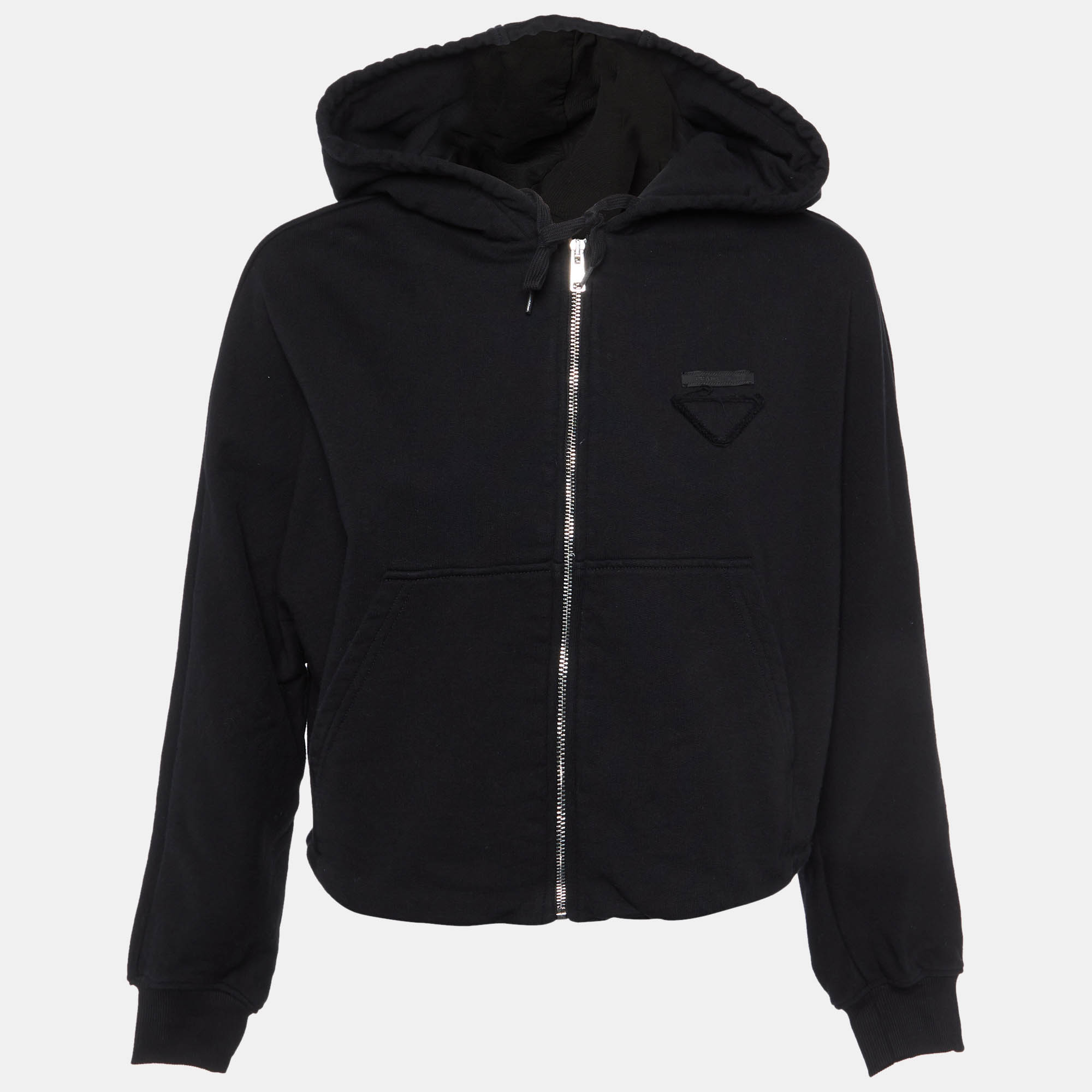 Prada Black Cotton Knit Zip-Up Crop Hooded Sweatshirt S