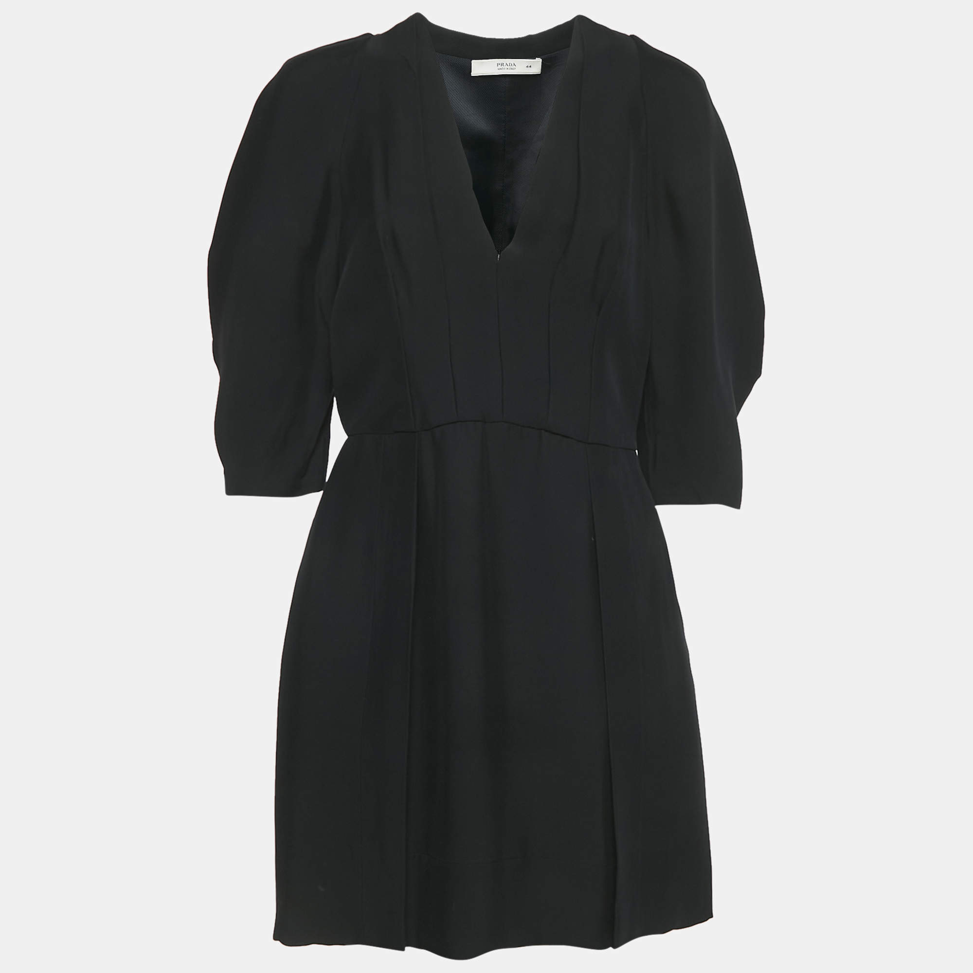 Prada Black Crepe V-Neck Mini Dress M
