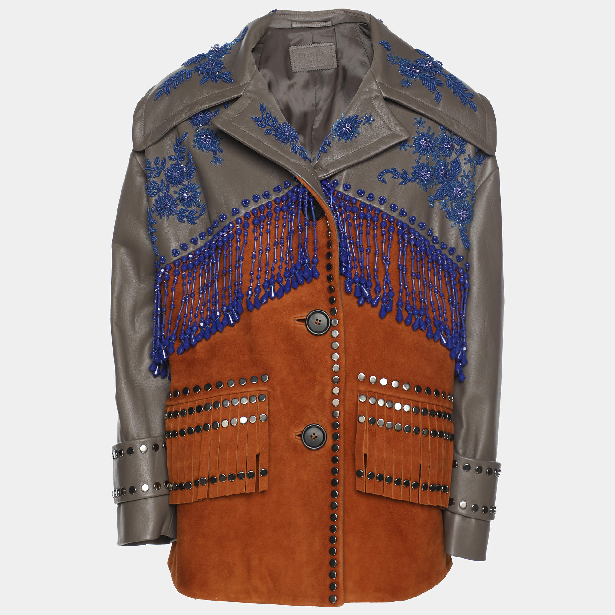 Pre Owned Prada Grey/Brown Leather and Suede Embellished Jacket XS