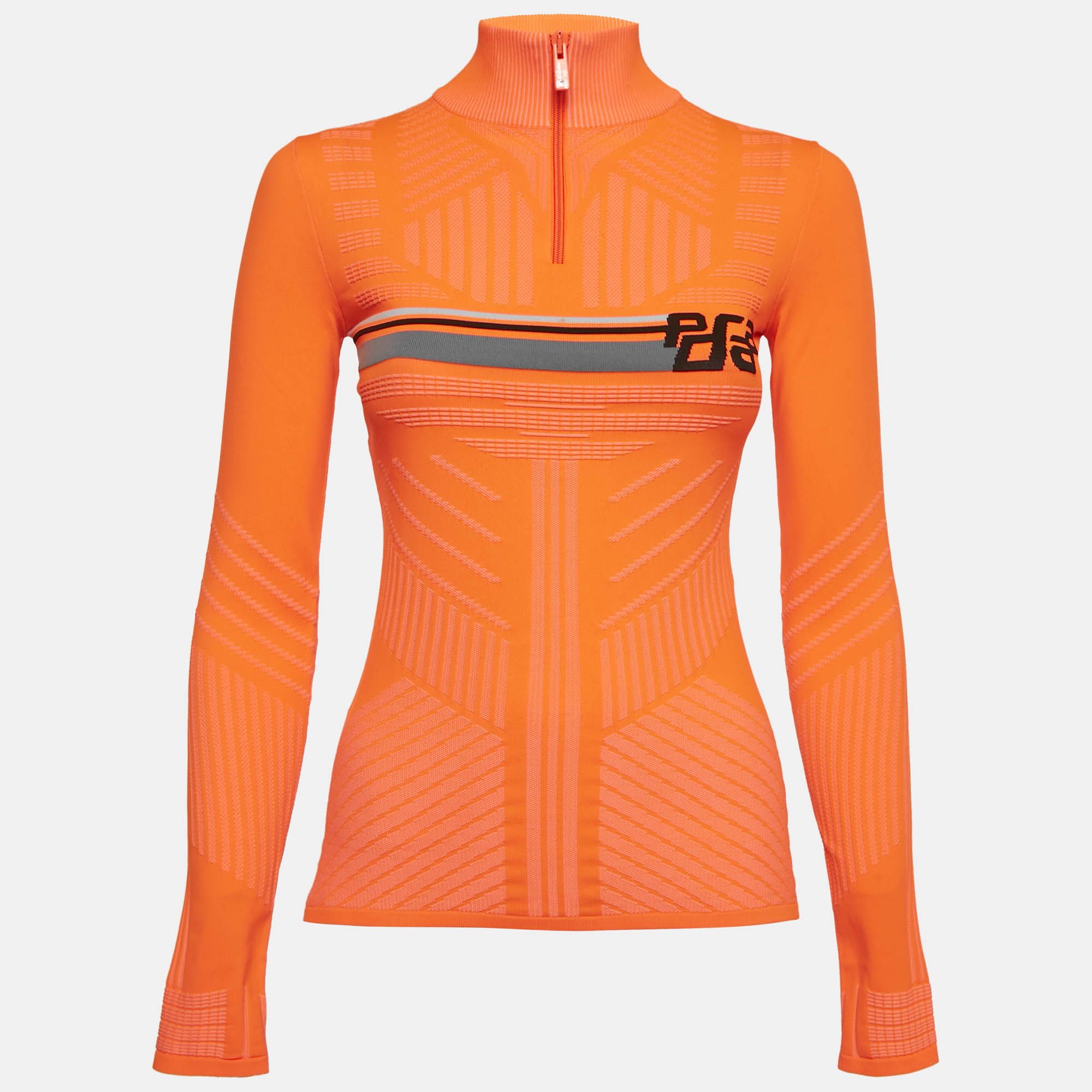 Prada Neon Orange Patterned Jersey High Neck Technical Top M