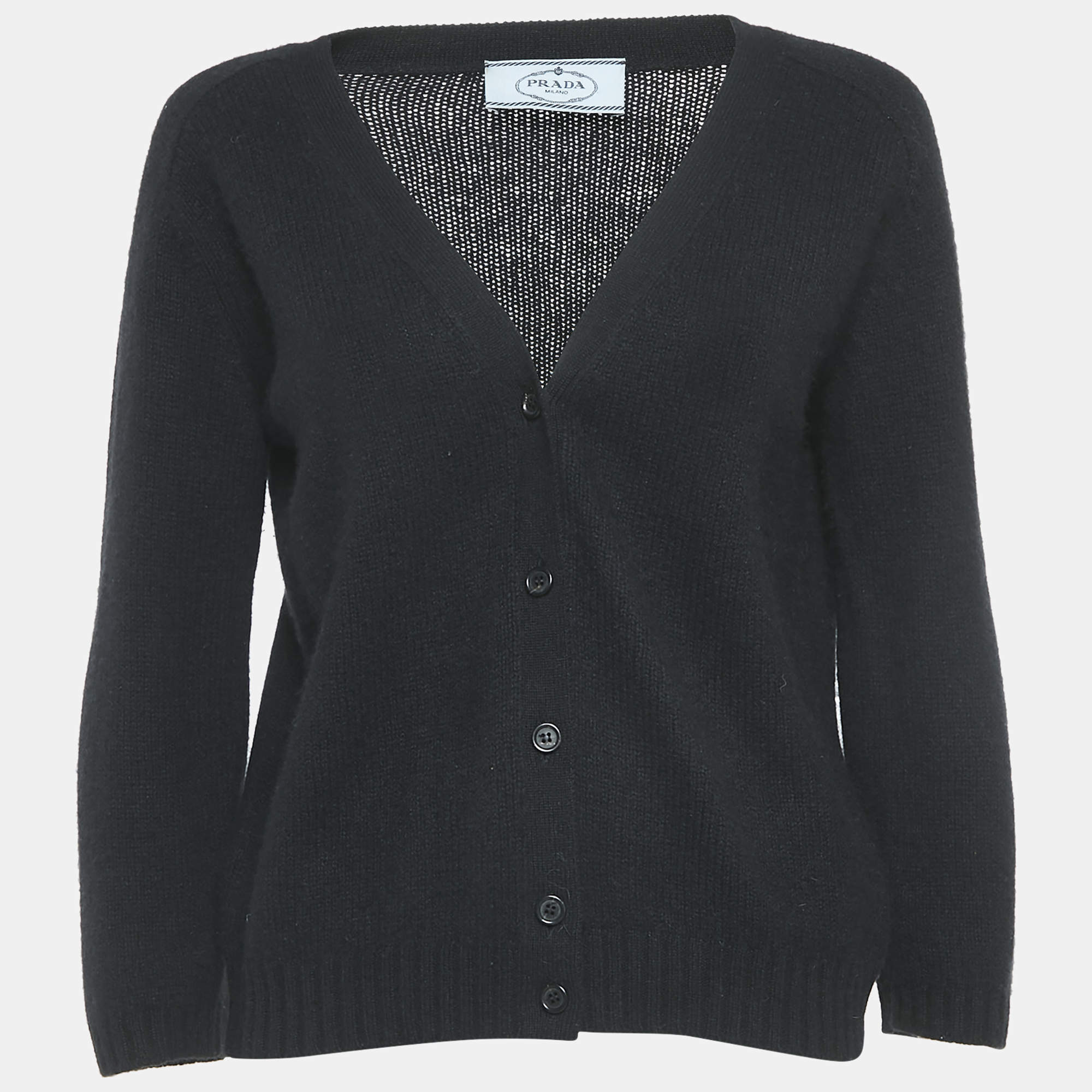 Prada Black Cashmere Patch Detail Button Front Cardigan M