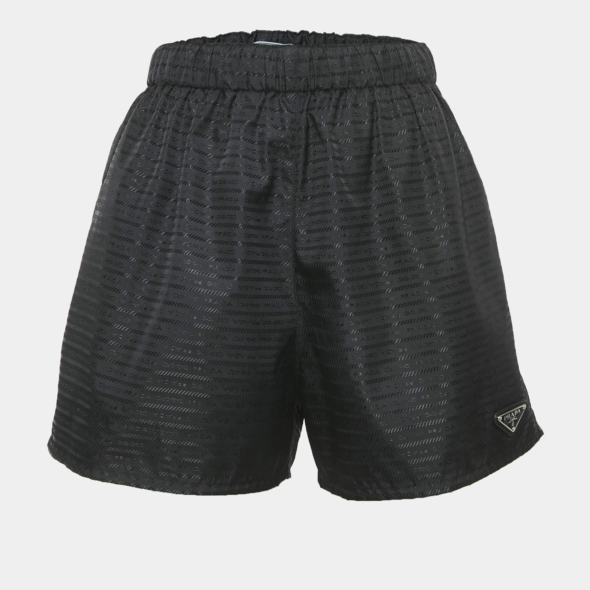 Pre Owned Prada Black Logo Jacquard Nylon Shorts M