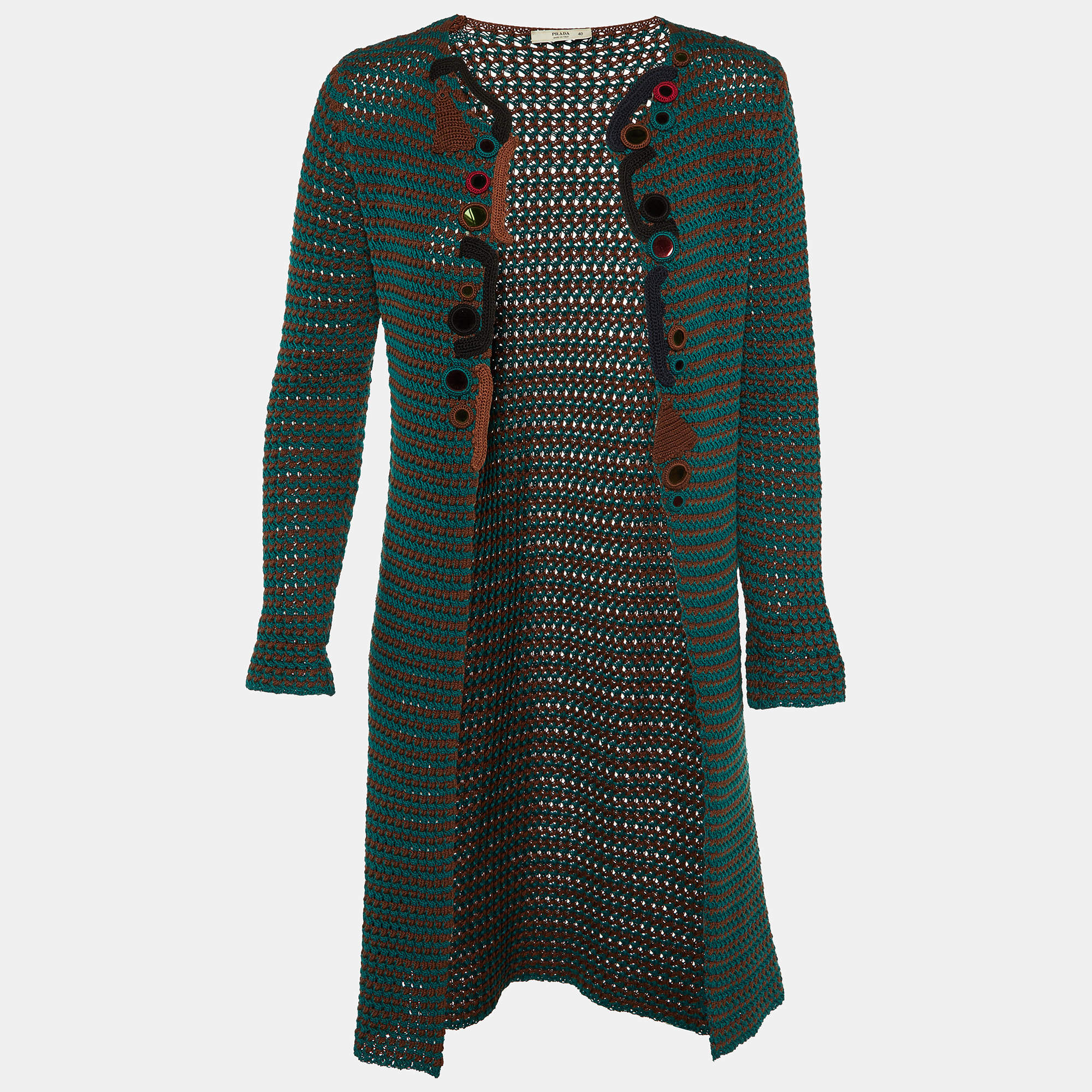 Prada Brown/Teal Crochet Knit Open Front Cardigan S