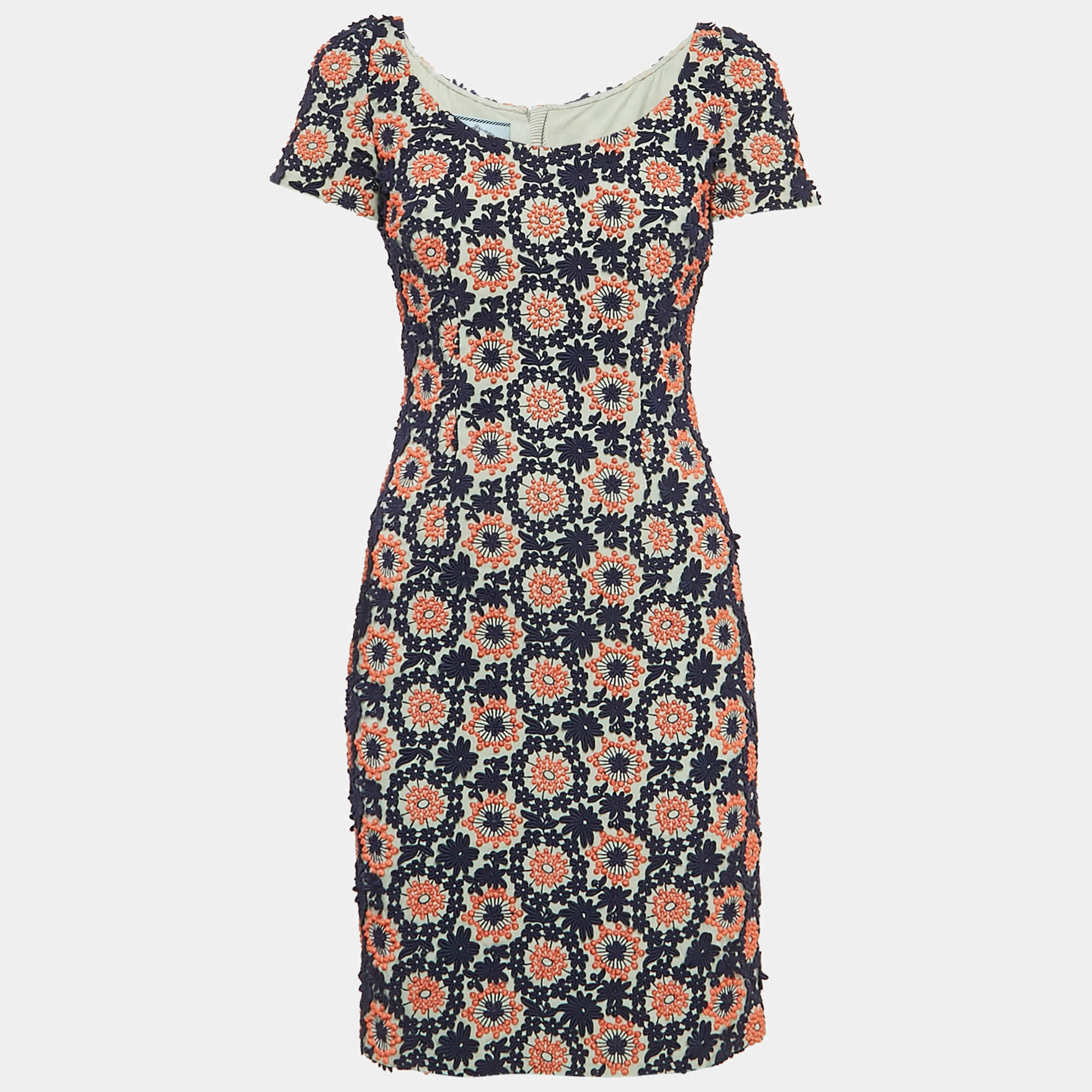 Prada Blue Floral Lace Scoop Neck Mini Dress XS
