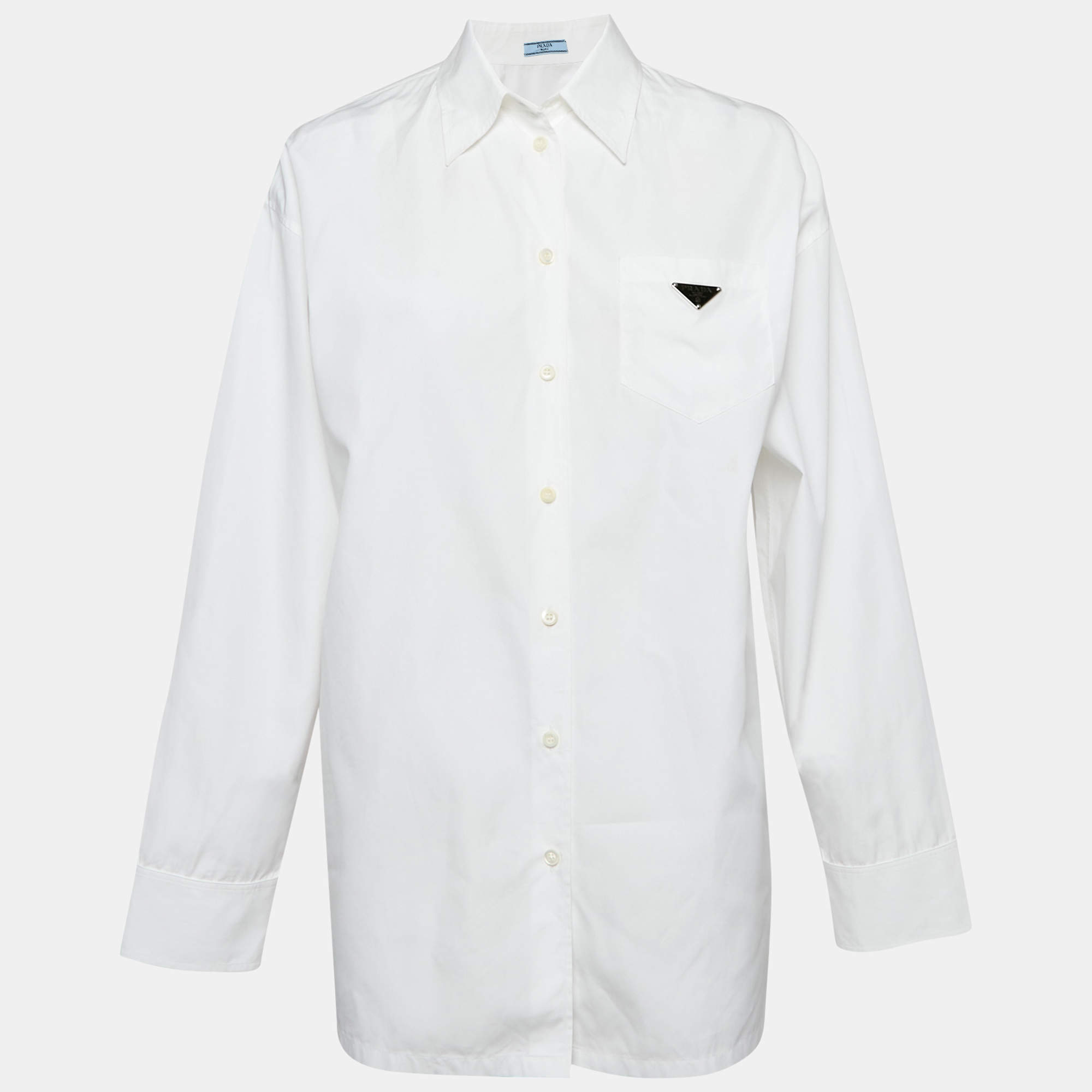 Pre Owned Prada White Cotton Logo Detail Full Sleeve Oversized Shirt S