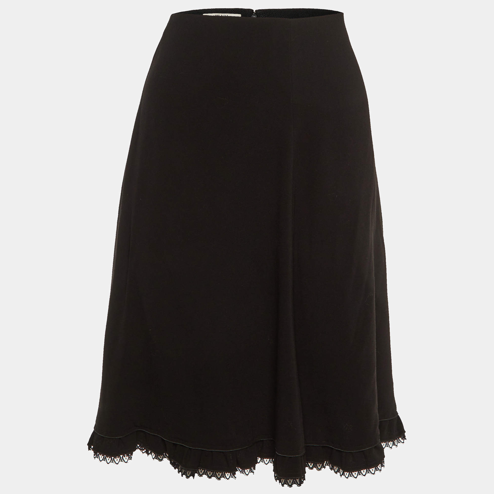 Prada Black Crepe Lace Trim Knee Length Skirt M