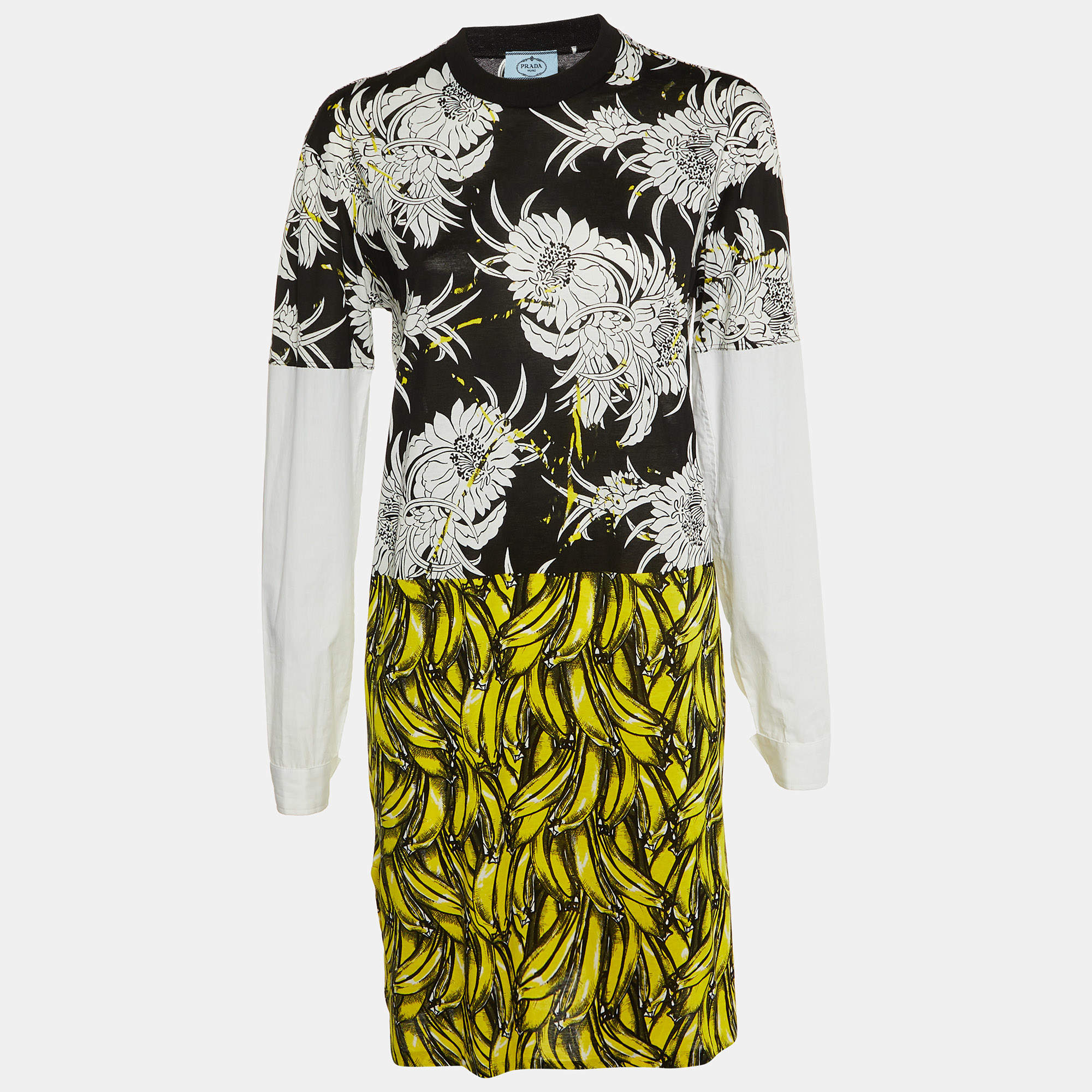 Prada Multicolor Banana Printed Long Sleeve Mini Dress XS
