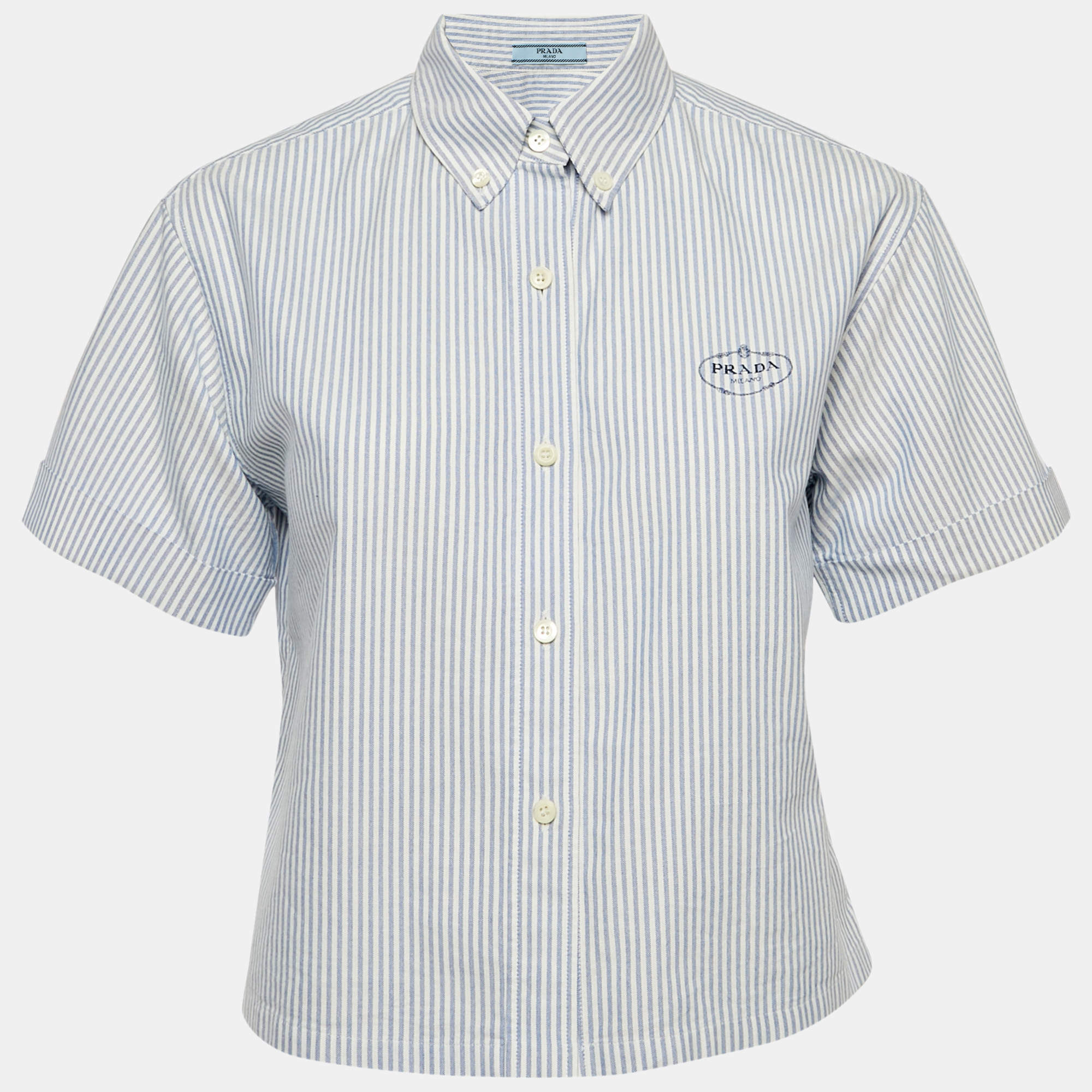 Pre Owned Prada Blue Striped Cotton Blend Short Sleeve Crop Shirt S