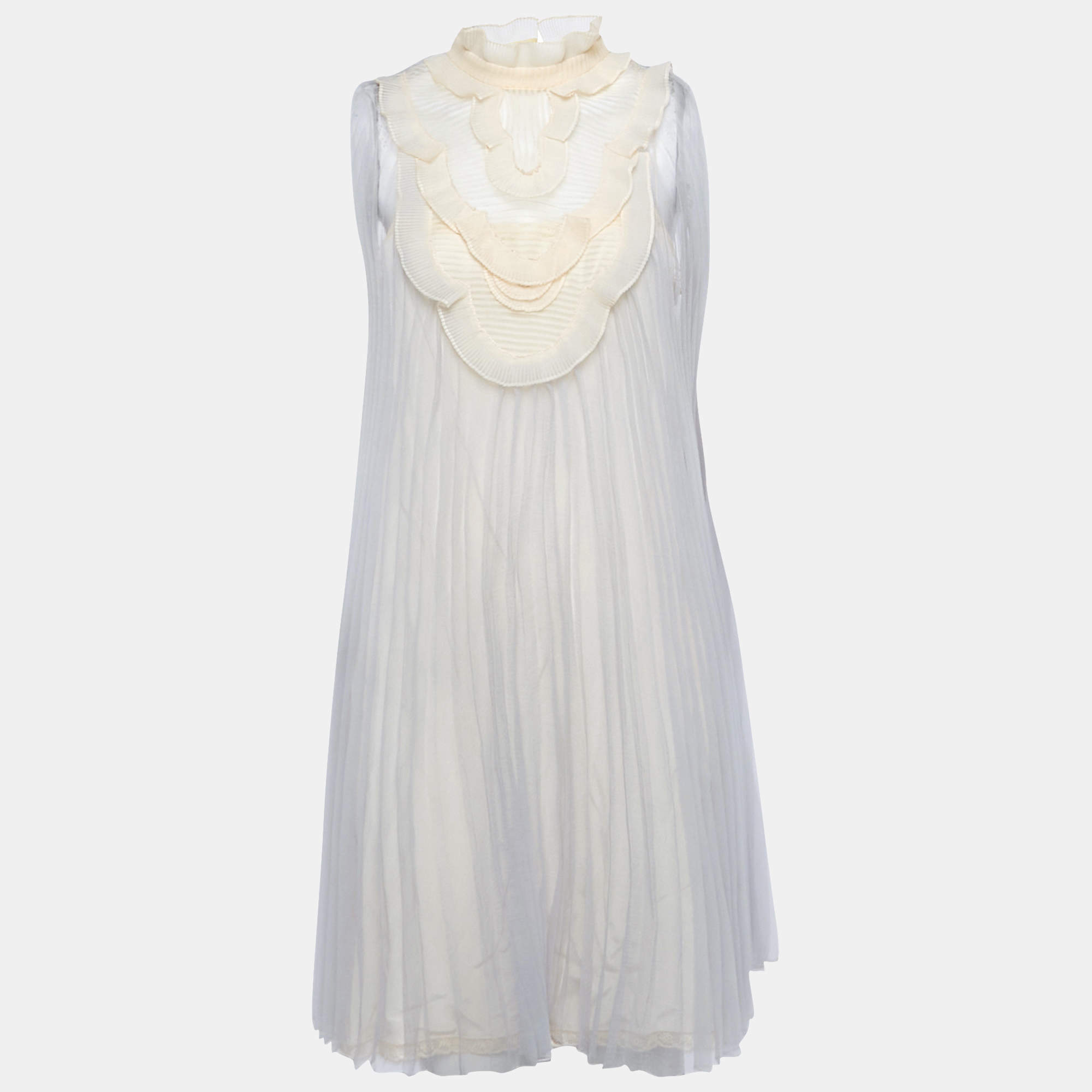 Pre Owned Prada Light Grey Plisse Organza Jabot Detail Dress M