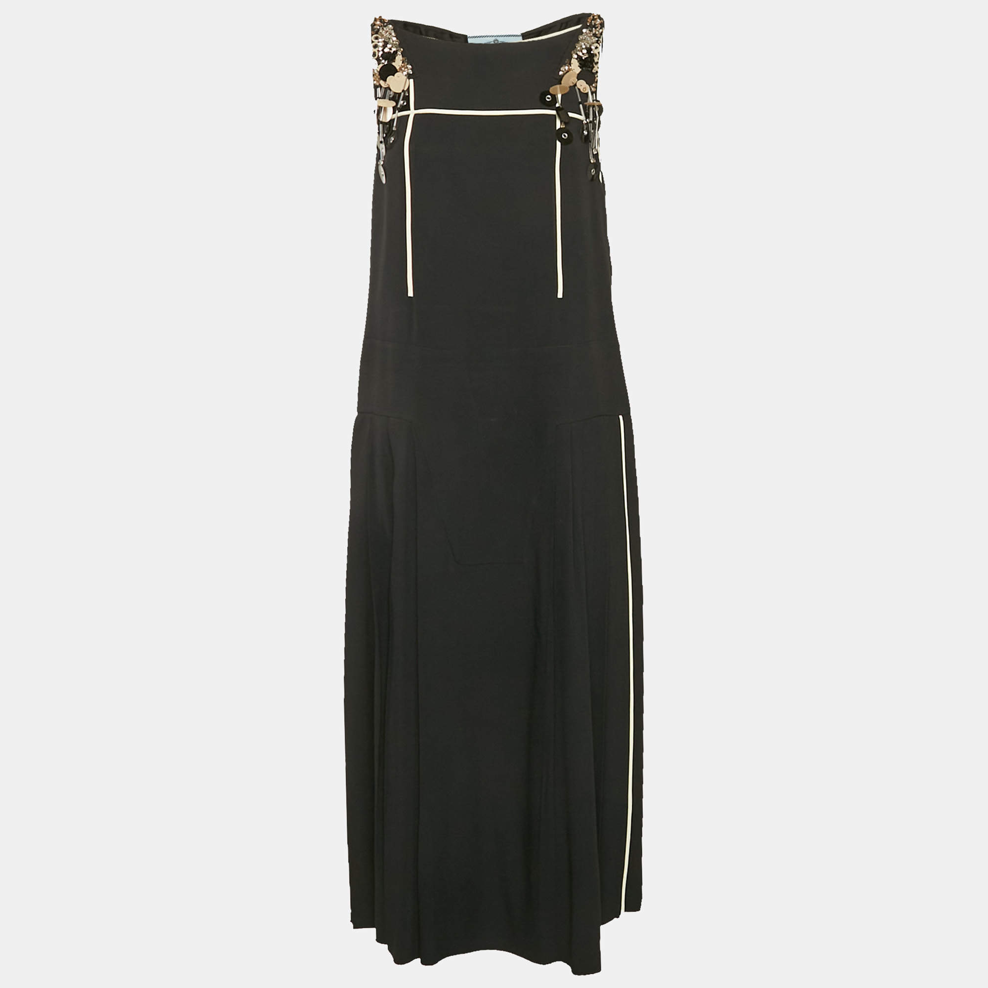 Prada Black Embellished Crepe Pleated Sleeveless Dress M