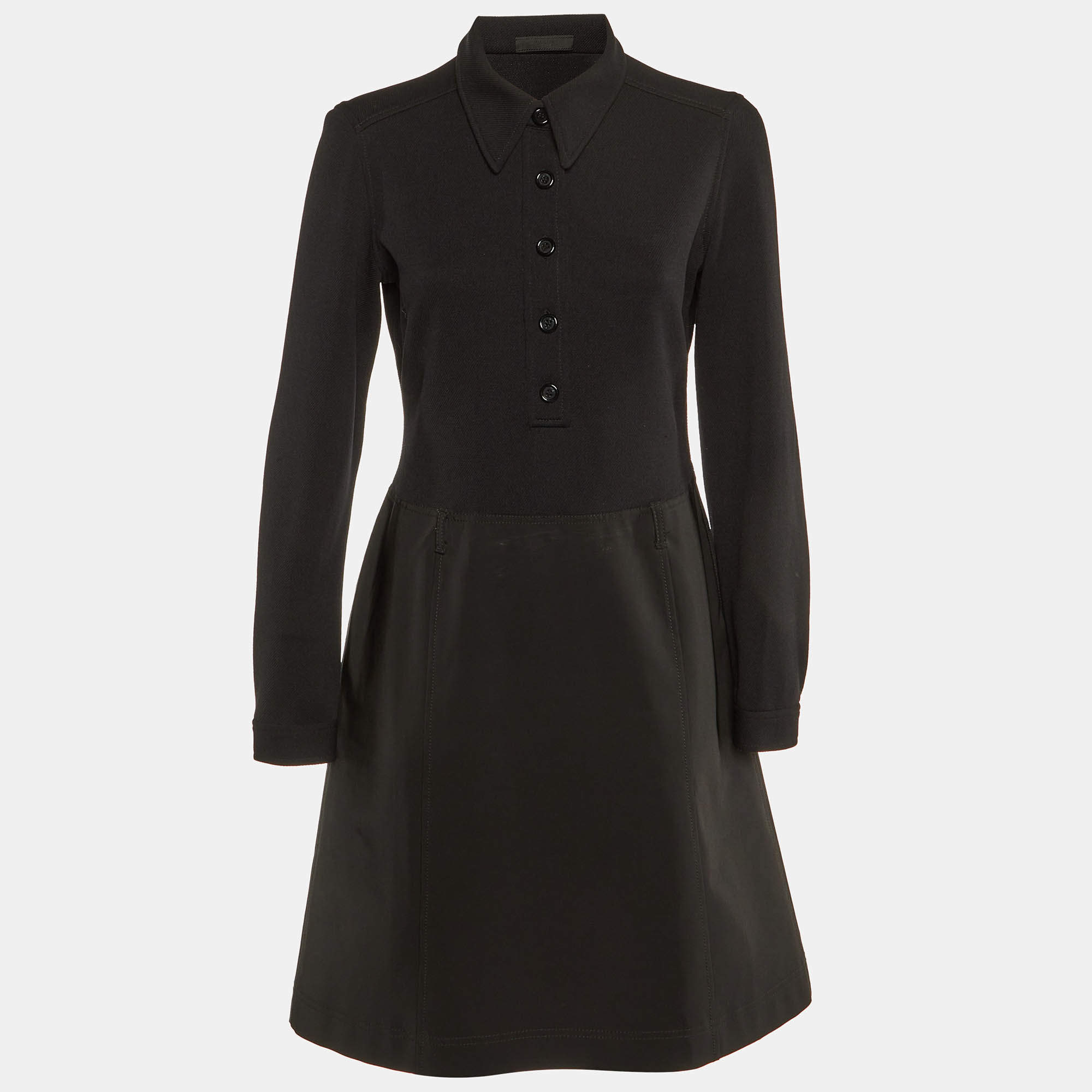 Prada Black Nylon & Knit Paneled Midi Dress L