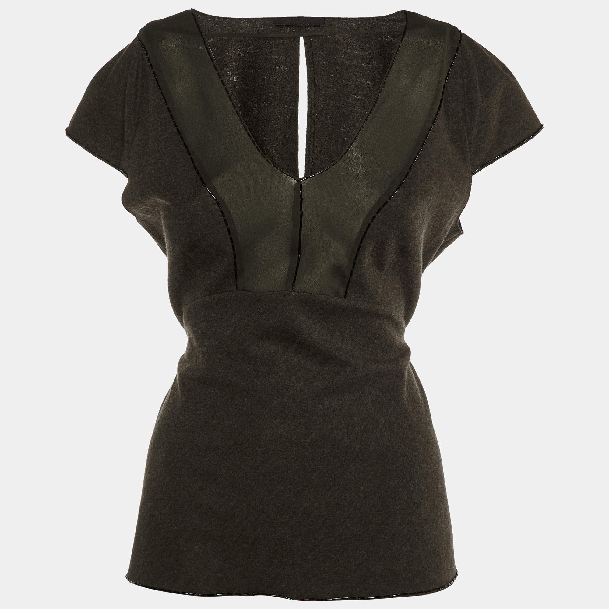Prada Grey/Green Wool & Silk Bead Detail Top L