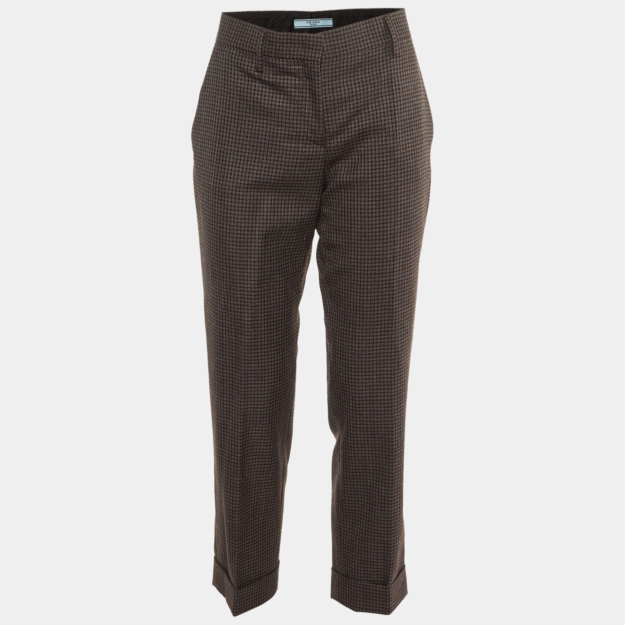 Pre Owned Prada Grey/Burgundy Checked Wool Cuffed Hem Trousers M