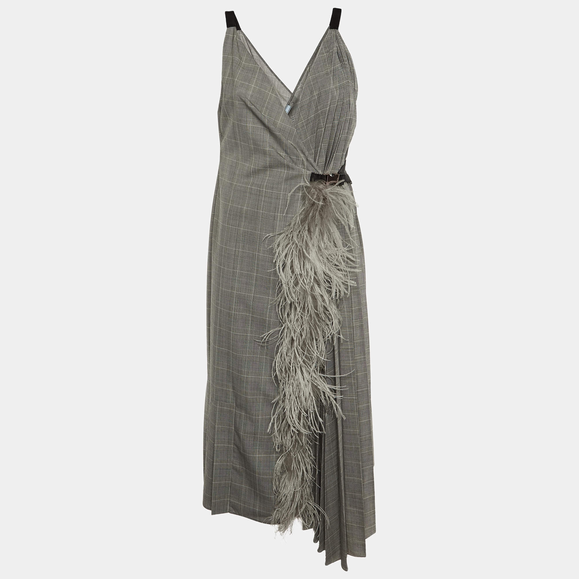Prada Grey Checked Wool Feather Trim Pleated Wrap Dress L