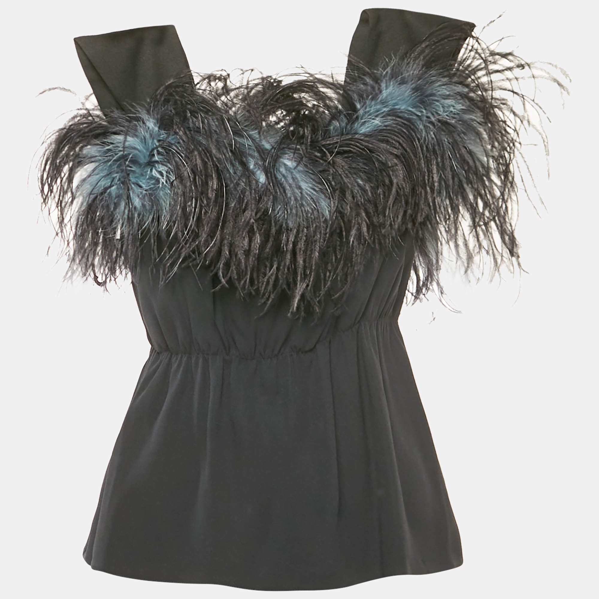 Prada Black Crepe Feather Trim Ruched Top M