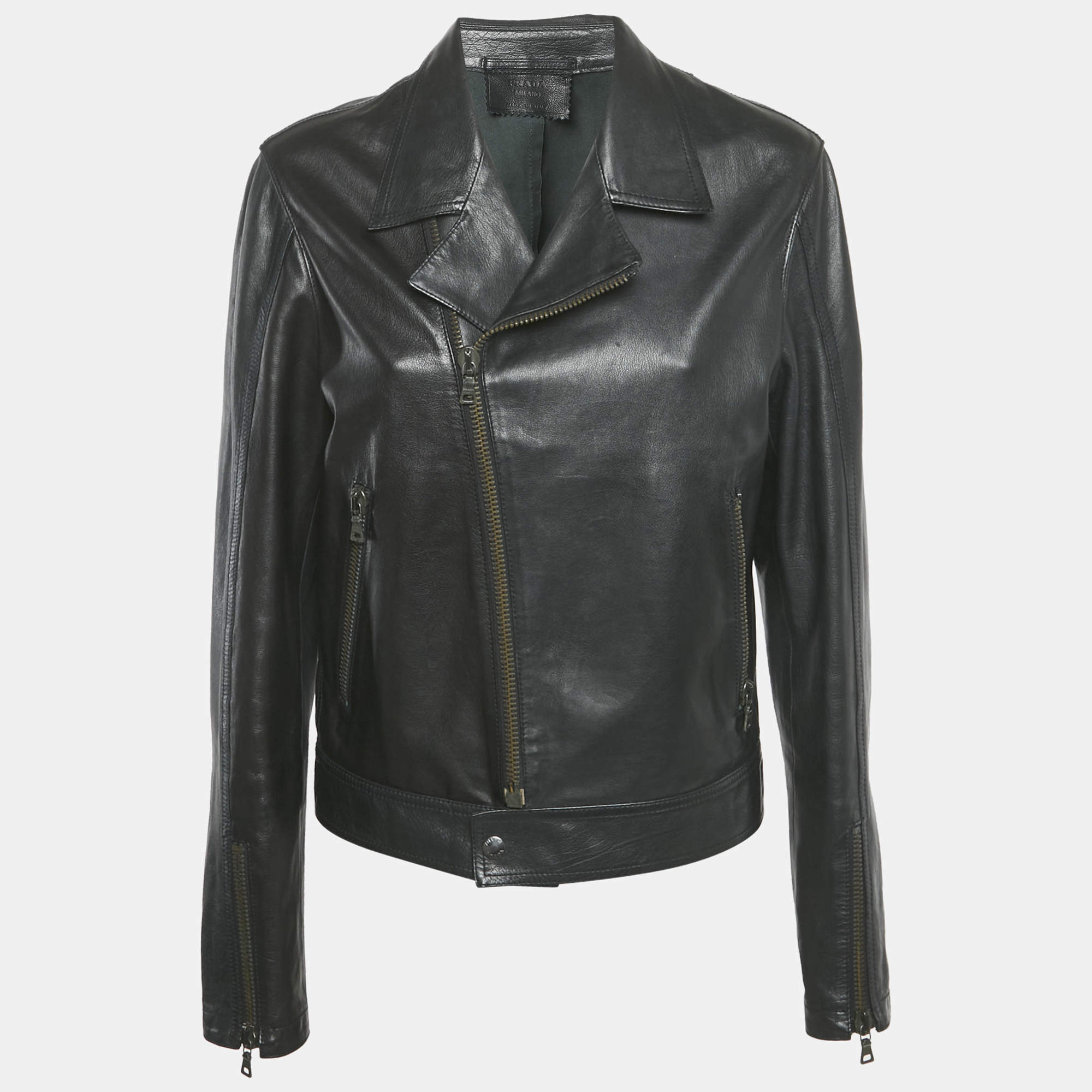 Prada Black Leather Zip-Up Jacket M 