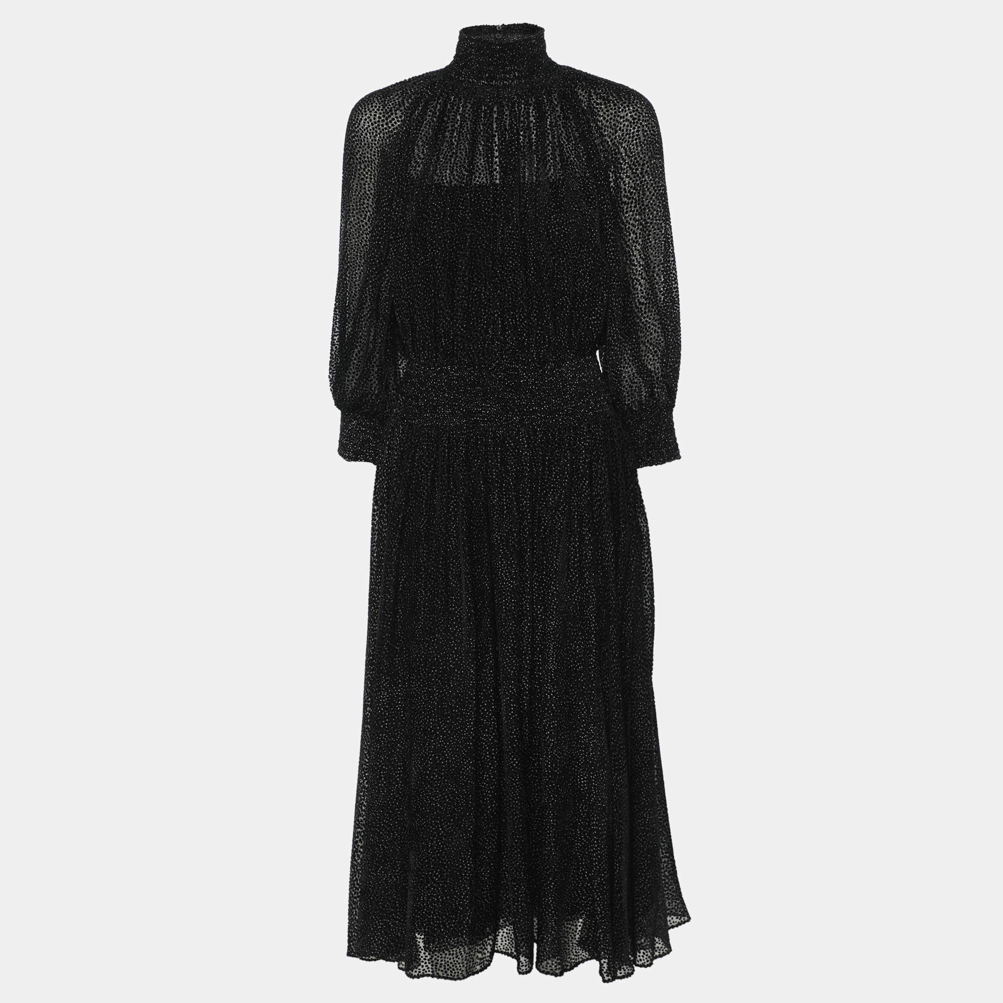 Prada Black Polka Dotted Velvet Silk Midi Dress S