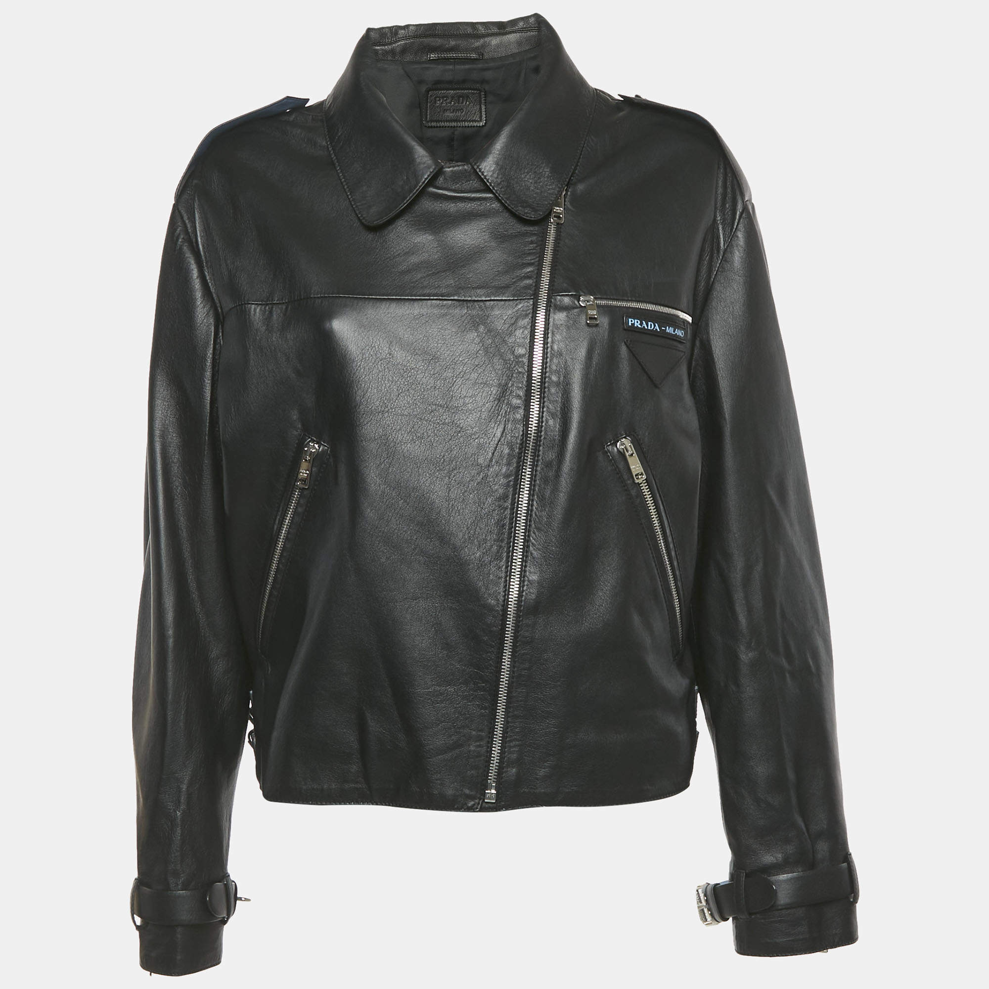 Pre Owned Prada Black Leather Zip-Up Jacket M