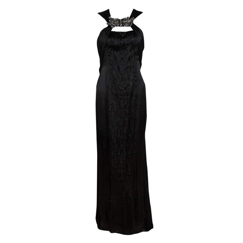 Pre Owned Prada Black Satin Neck Embellished Draped Ruffle Detail Sleeveless Gown M
