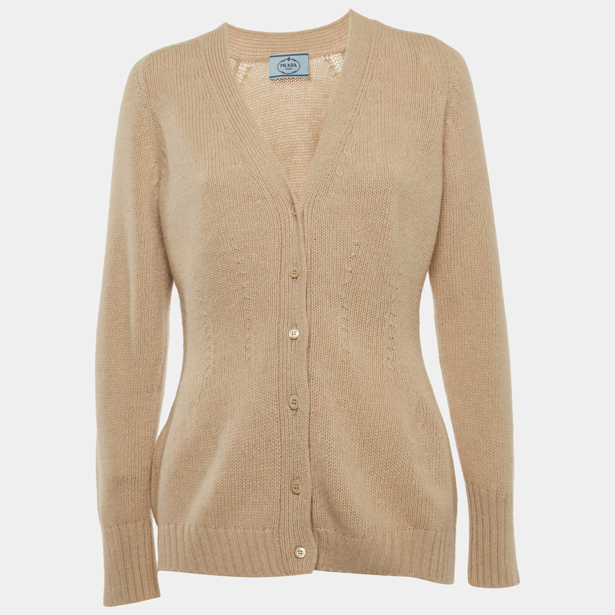 Pre Owned كارديجان برادا بيج صوف تريكو بأزرار كم طويل مقاس متوسط (ميديم)