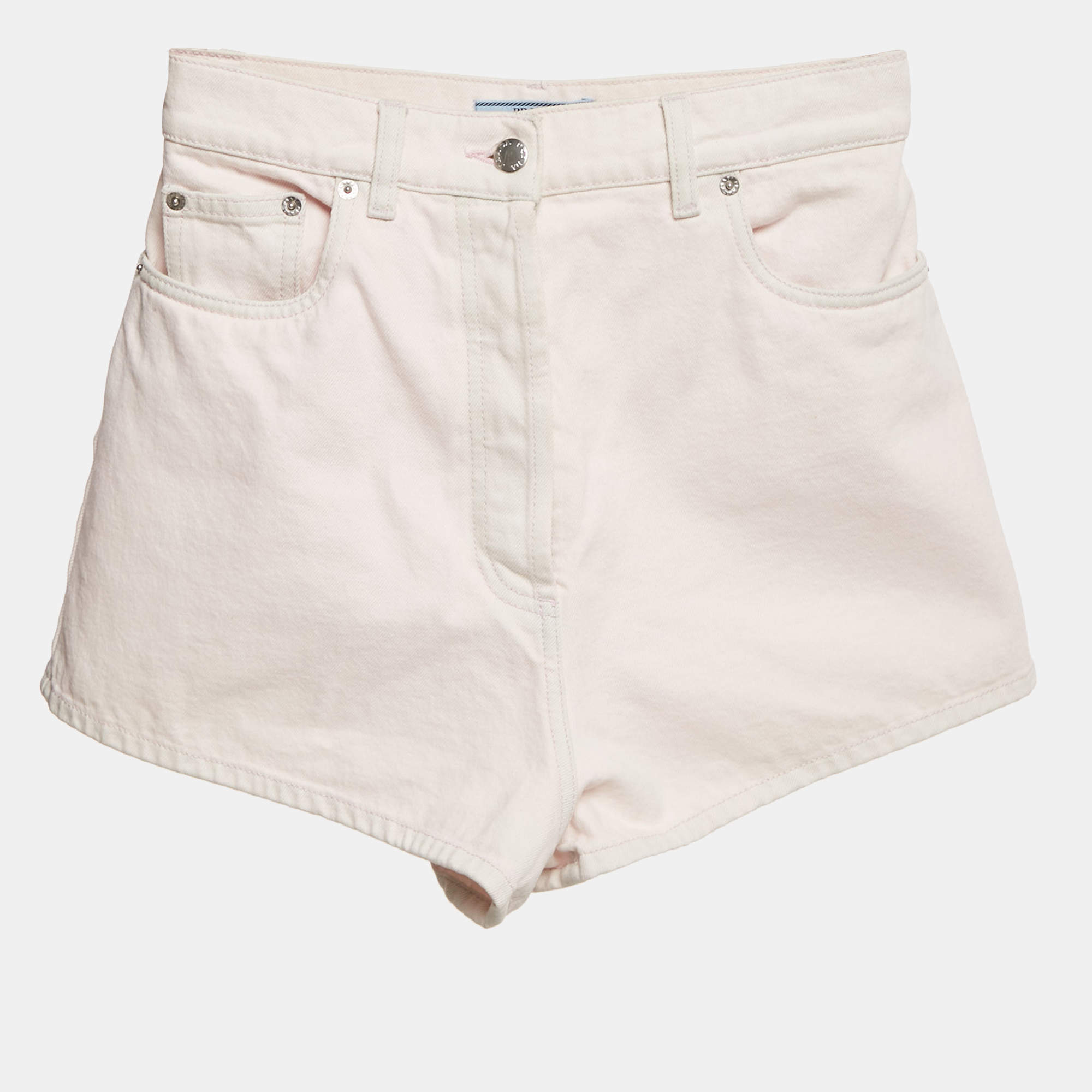 Pre Owned Prada Pink Denim Triangle Logo Detail Shorts S Waist 27"