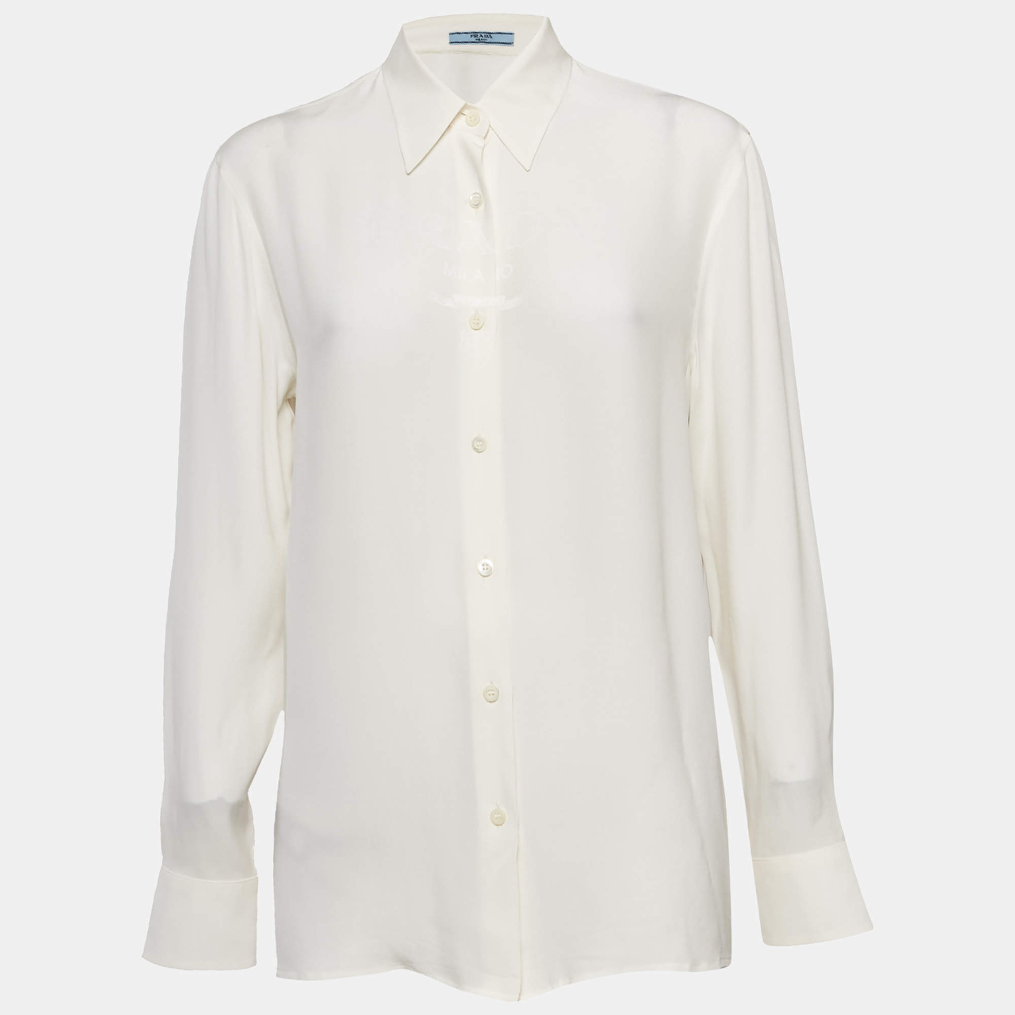 Pre Owned Prada Off-White Satin Logo Detail Long Sleeve Shirt S