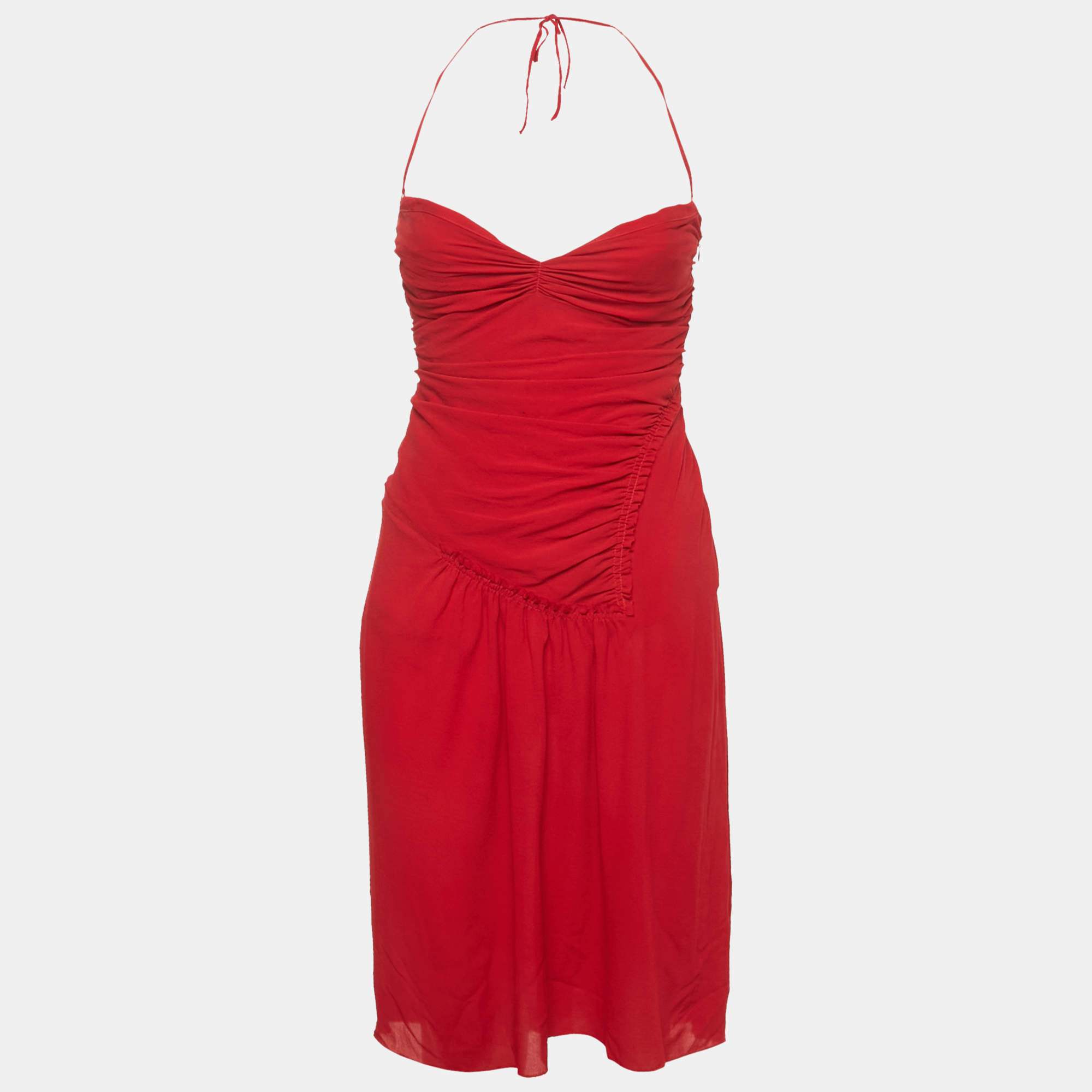 Pre Owned Prada Red Silk Ruched Mini Tube Dress M