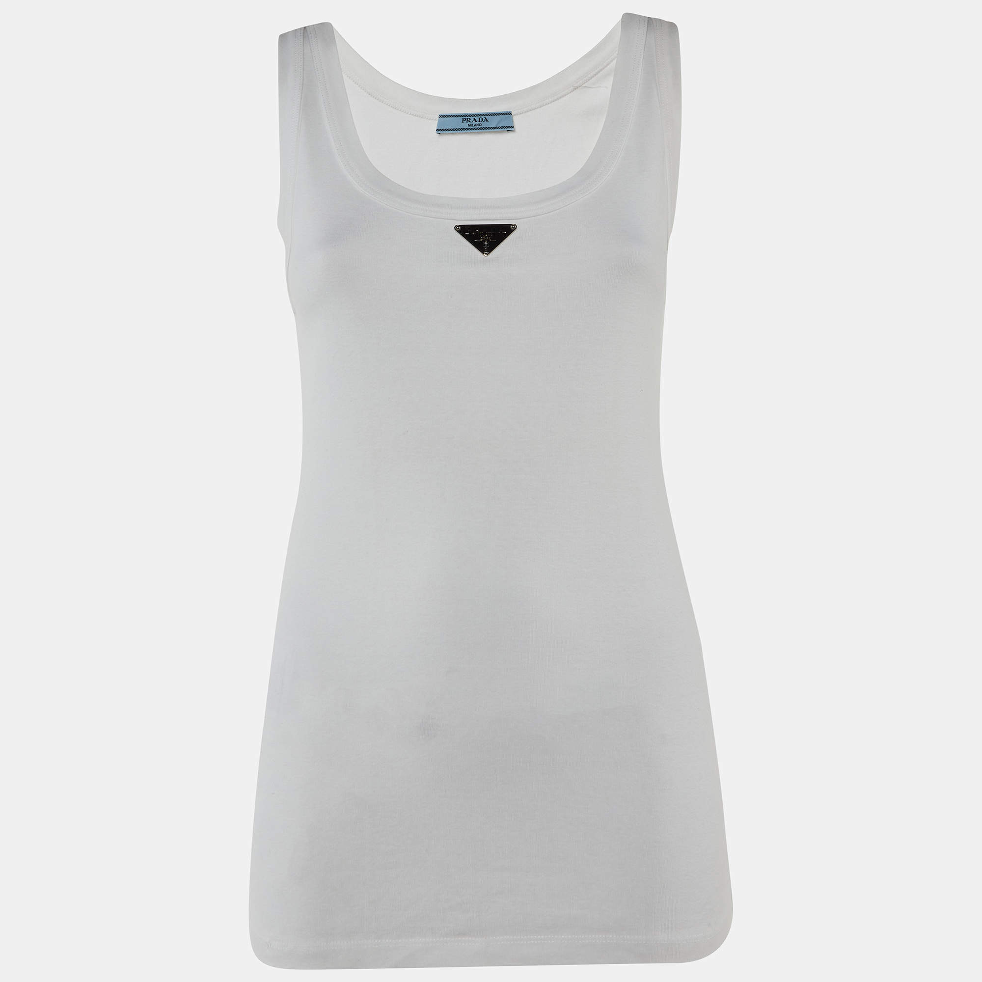Pre Owned Prada White Cotton Triangle Logo Tank Top S
