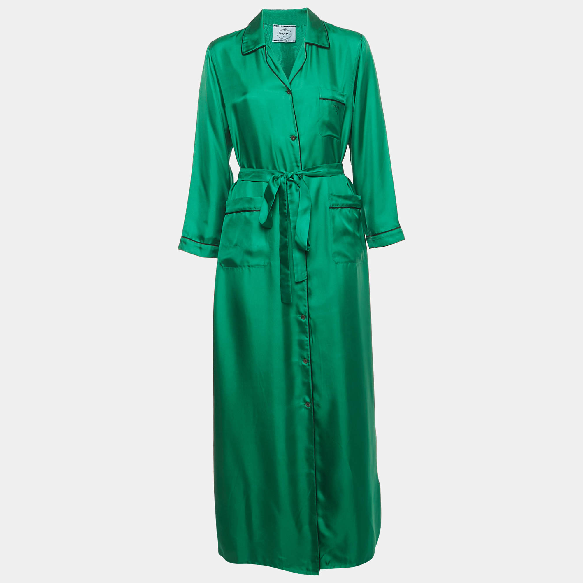 Pre Owned Prada Green Satin Silk Button Front Belted Long Dress M