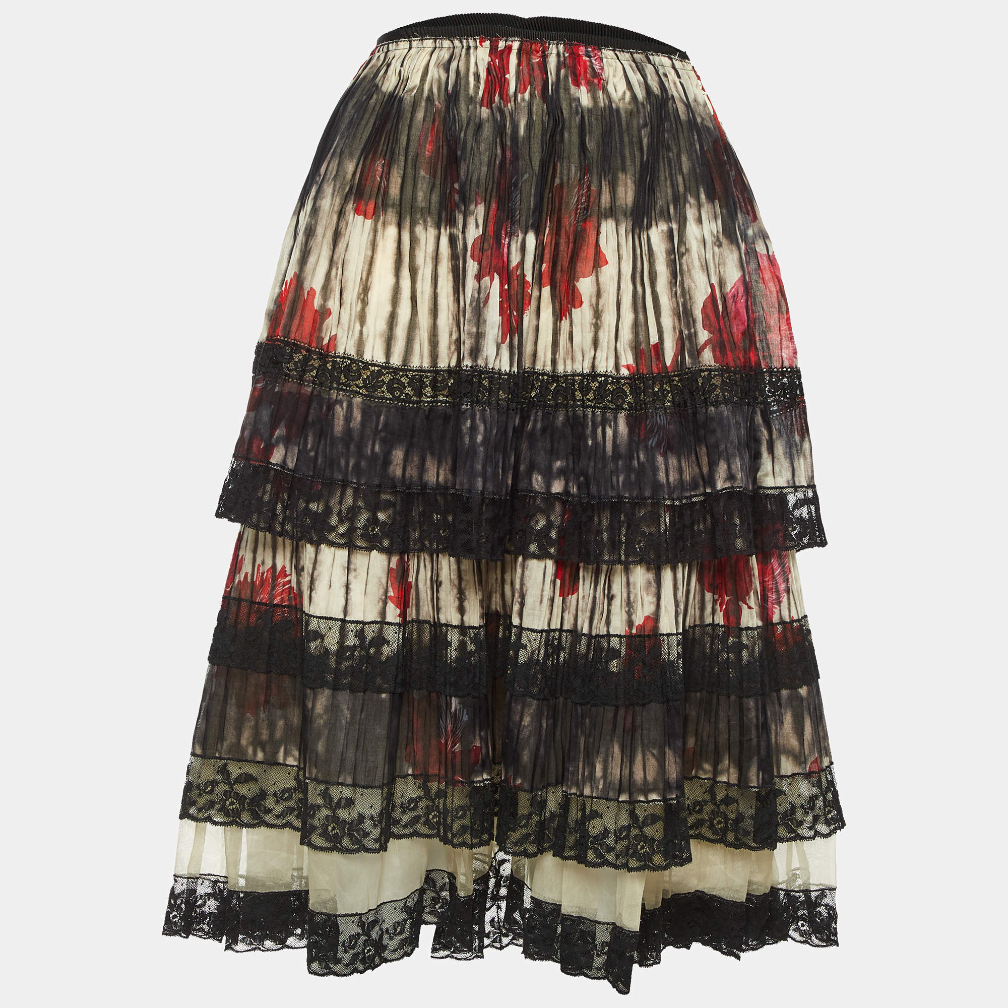 Pre Owned Prada Multicolor Floral Printed Cotton Lace Trim Tiered Mini Skirt L