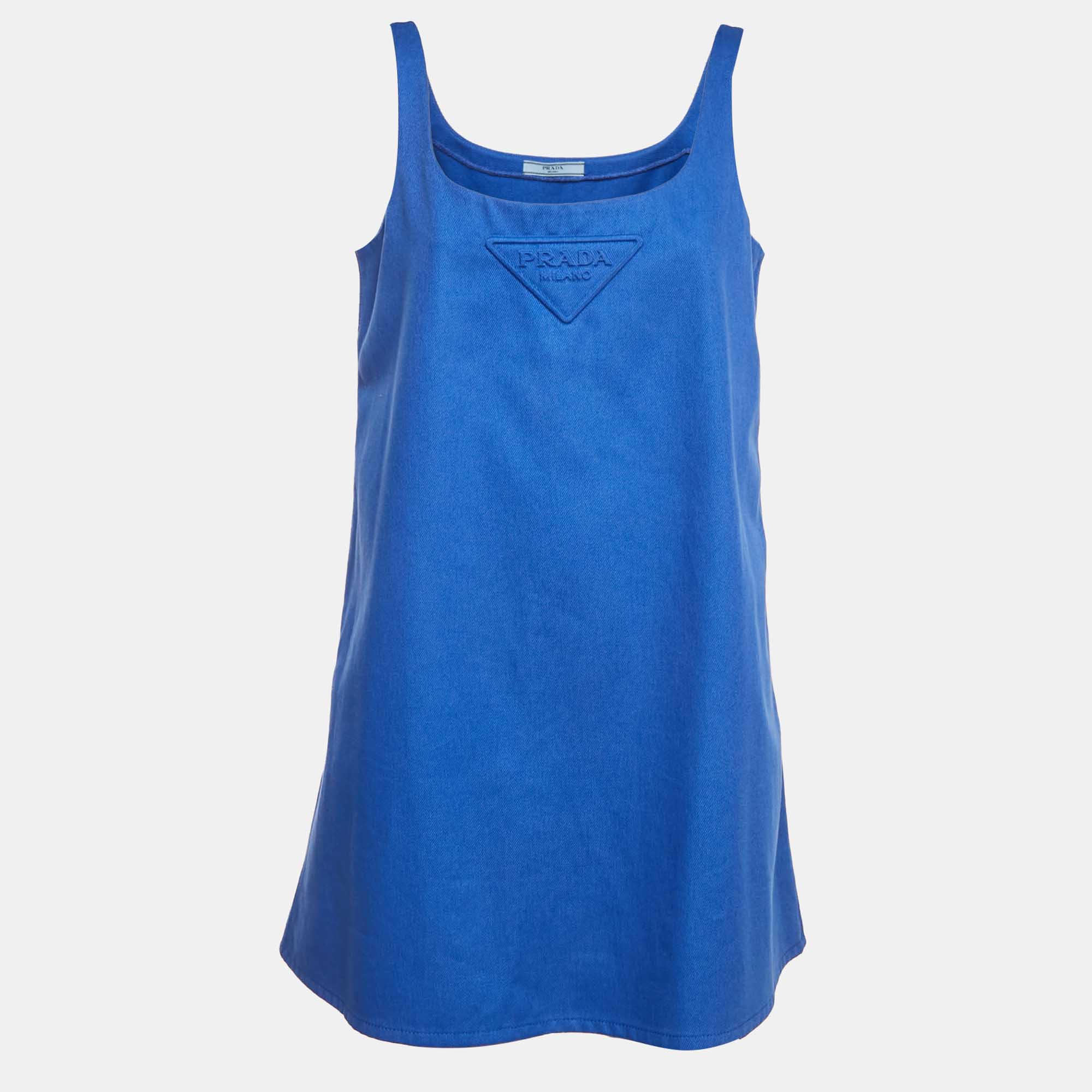 مملوكة مسبقًا Prada Blue Logo Embossed Gabardine Shift Dress M
