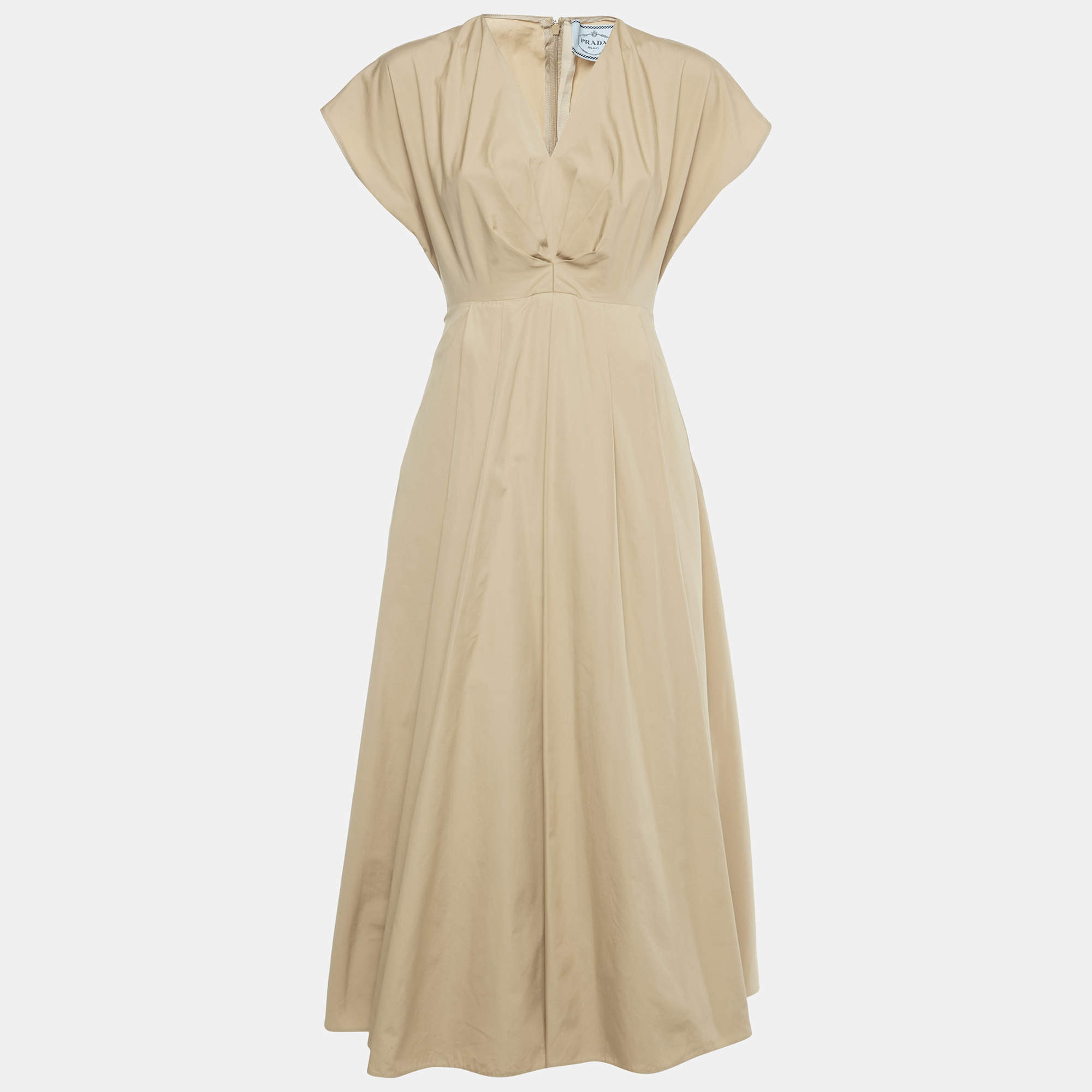 Pre Owned فستان ميدي برادا قطن بيج مطوي مقاس صغير