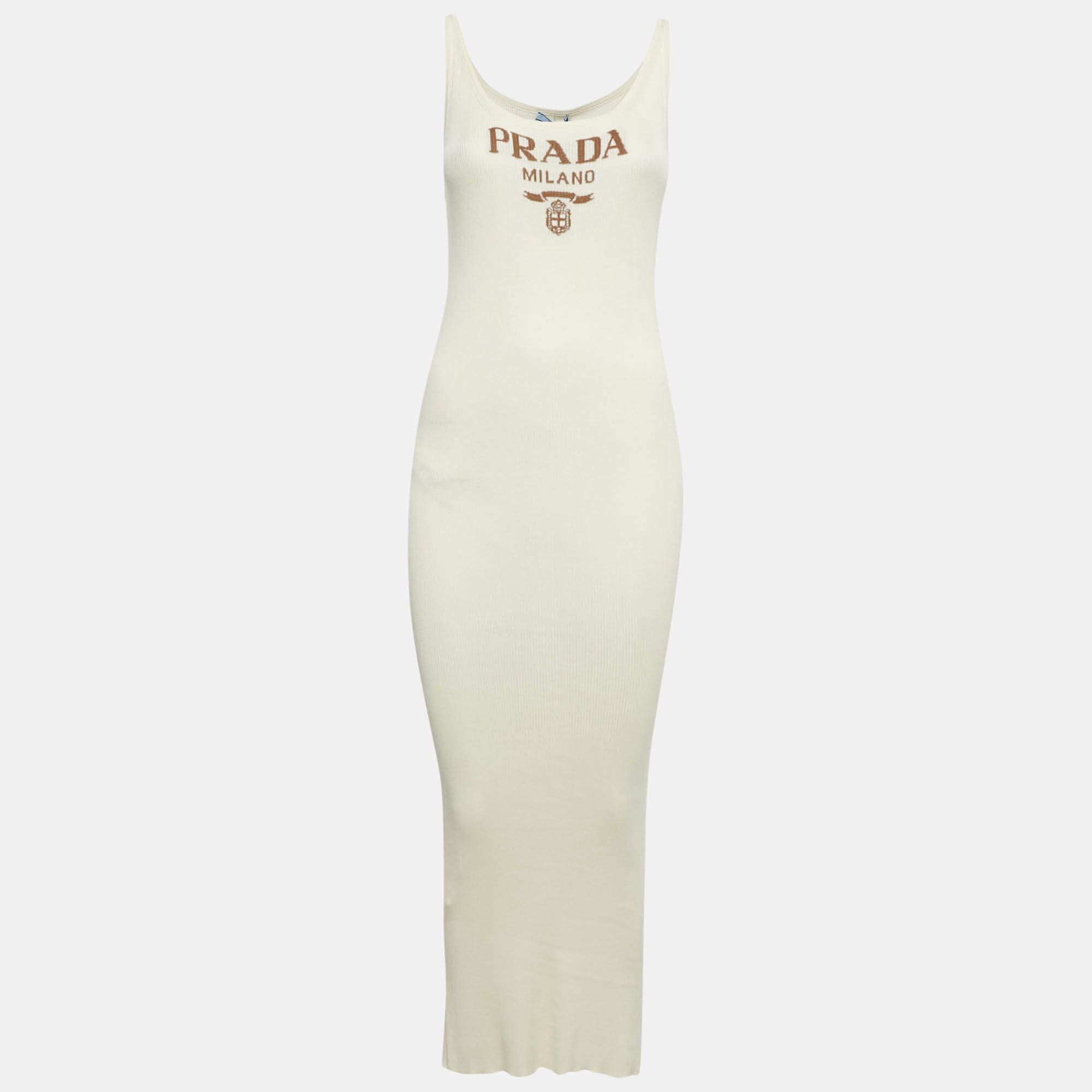 مملوكة مسبقًا Prada Cream Logo Intarsia Rib Knit Midi Dress S